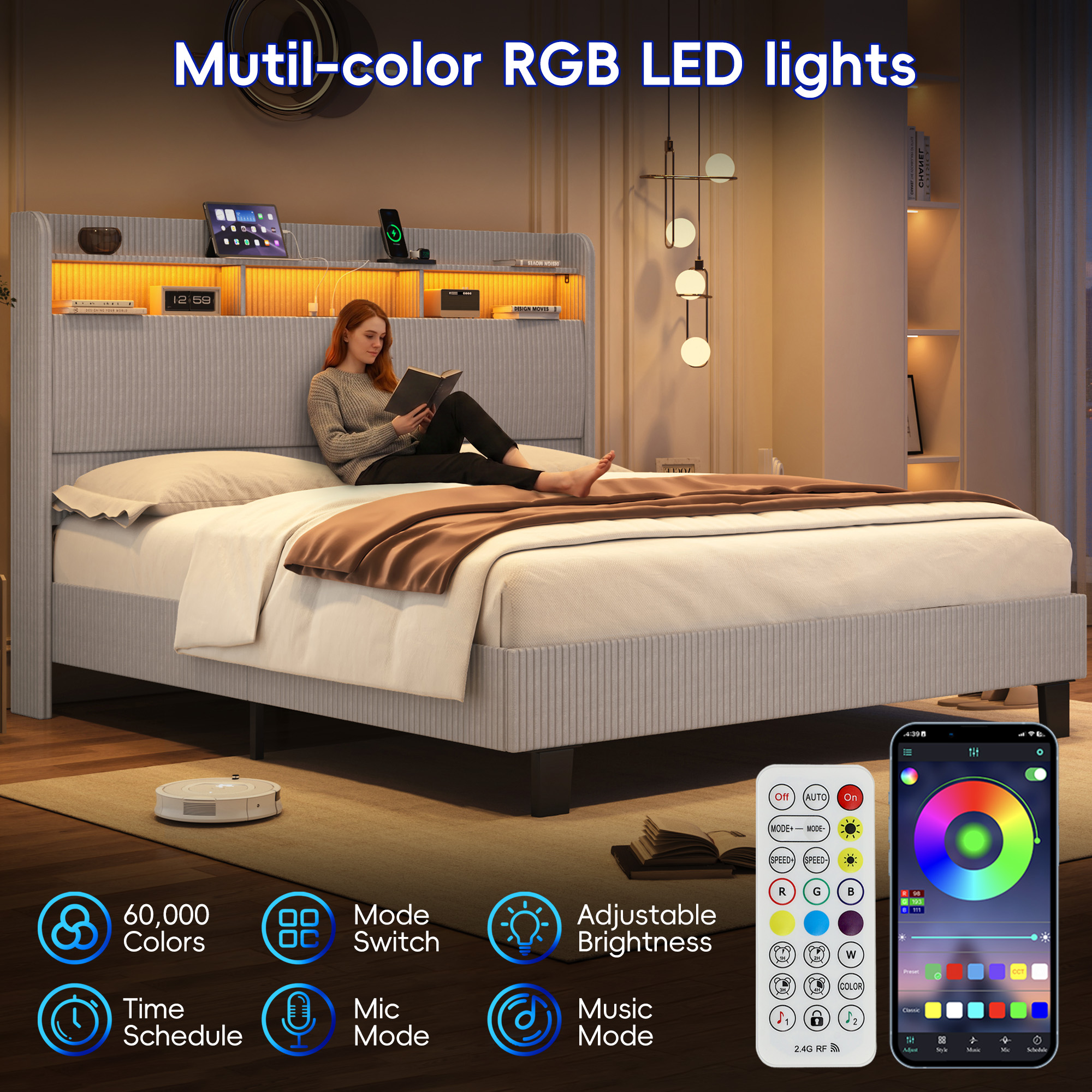ANPOO Queen Bed Frame with LED Lights, Charging Station & Storage Headboard, 55in Tall Corduroy Upholstered Platform Bed, No Box Spring Needed