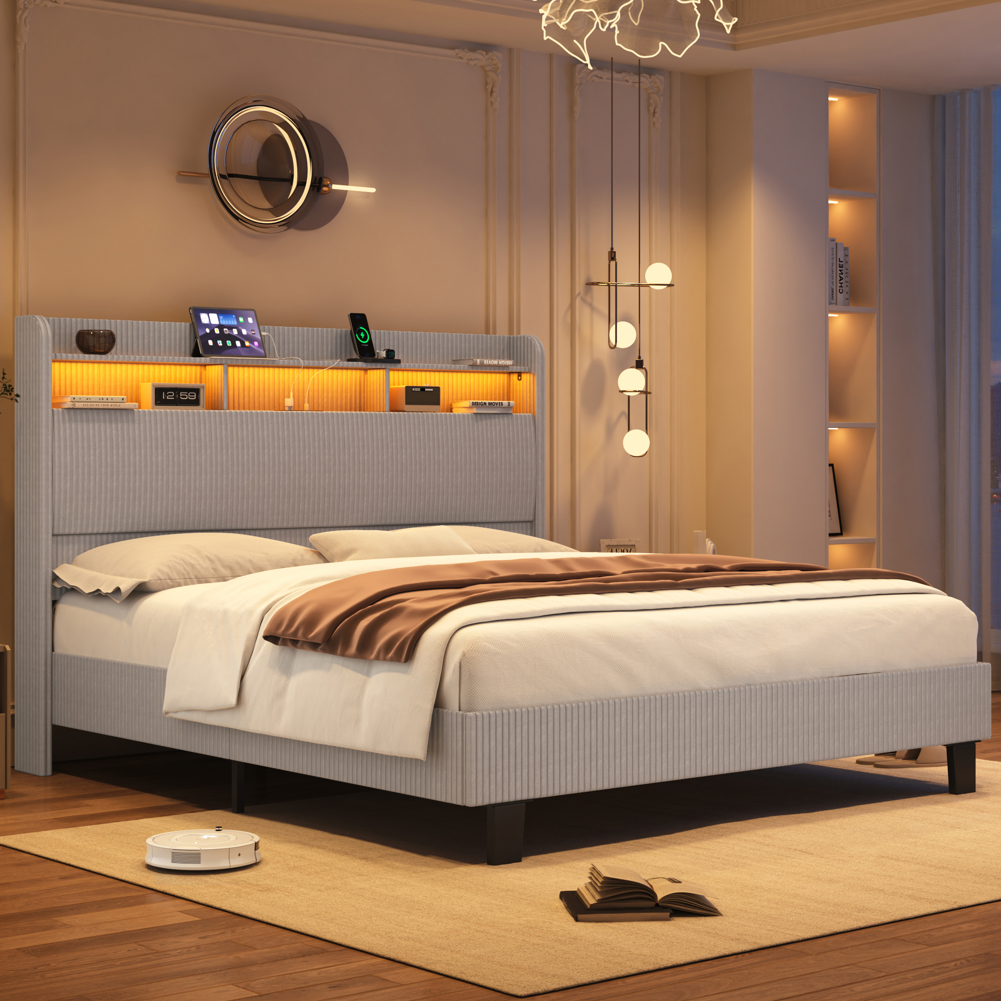 ANPOO Queen Bed Frame with LED Lights, Charging Station & Storage Headboard, 55in Tall Corduroy Upholstered Platform Bed, No Box Spring Needed