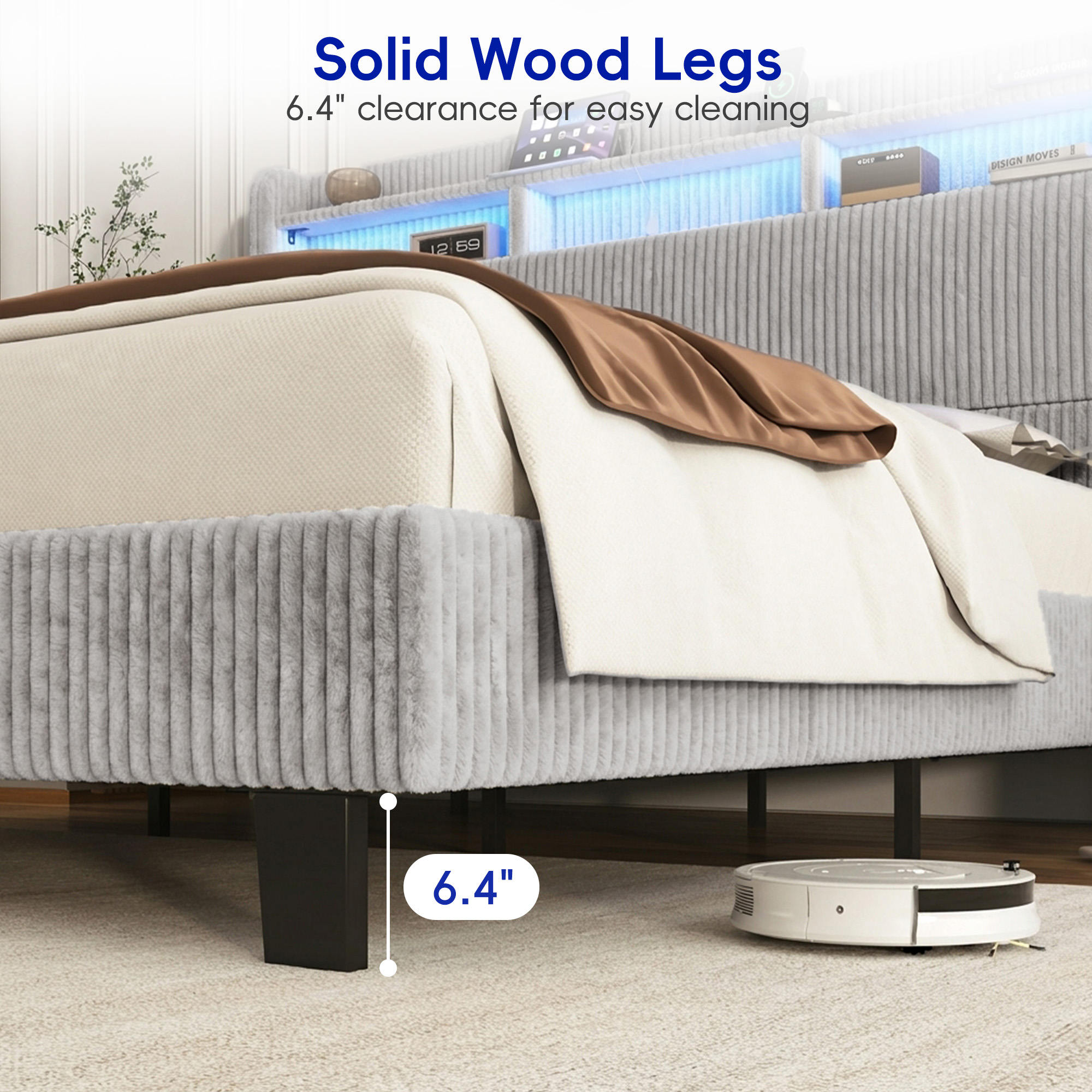 ANPOO Queen Bed Frame with LED Lights, Charging Station & Storage Headboard, 55in Tall Corduroy Upholstered Platform Bed, No Box Spring Needed