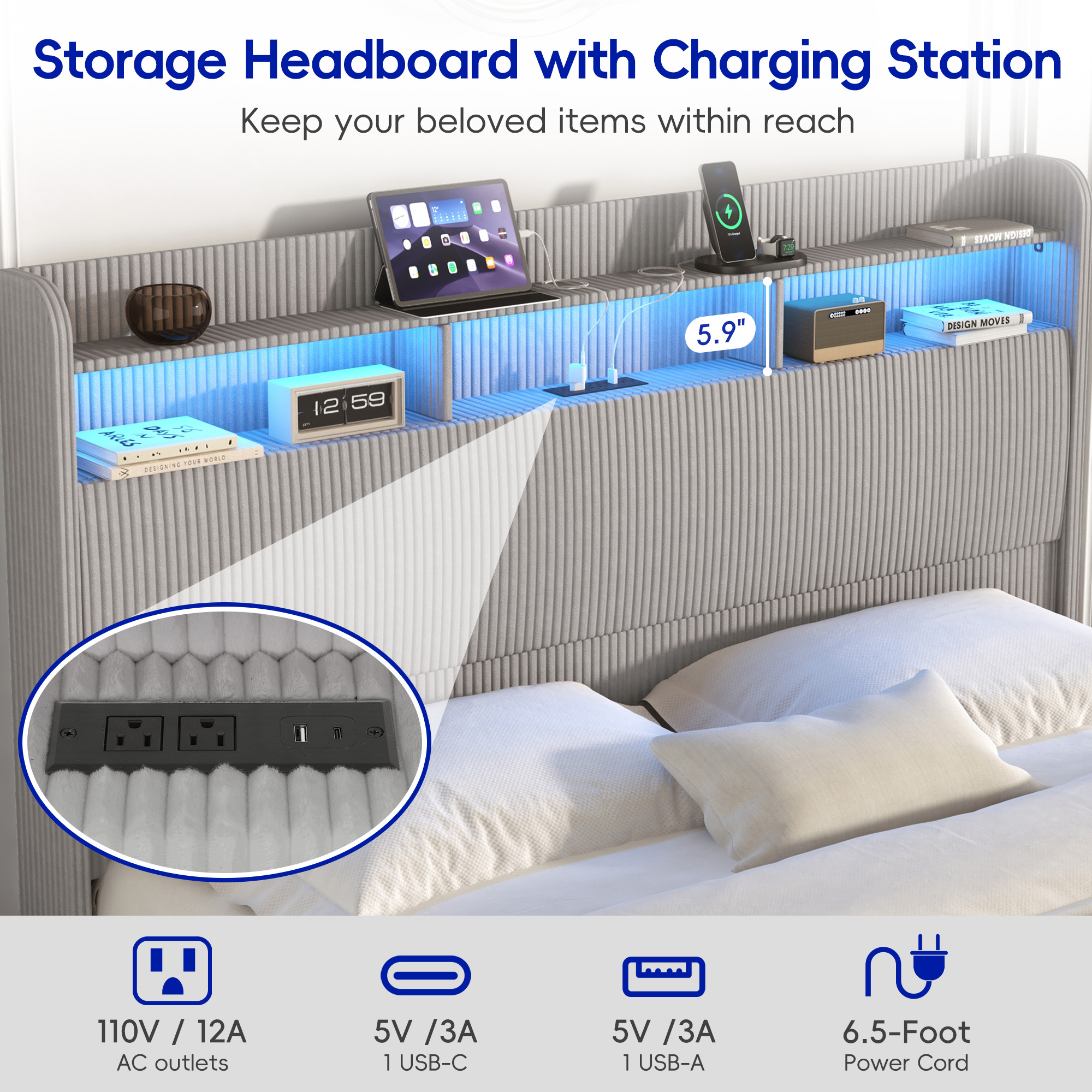 ANPOO Queen Bed Frame with LED Lights, Charging Station & Storage Headboard, 55in Tall Corduroy Upholstered Platform Bed, No Box Spring Needed
