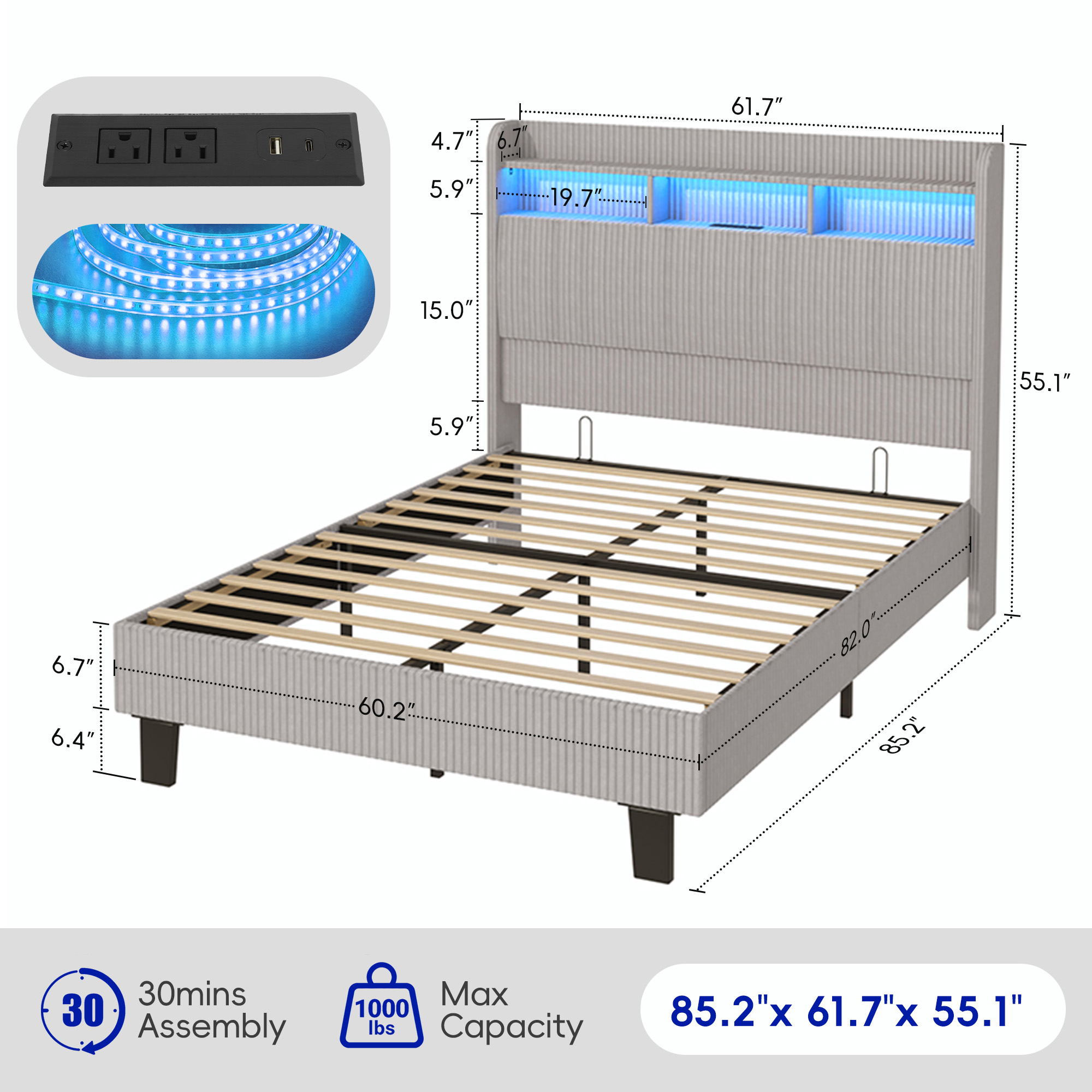 ANPOO Queen Bed Frame with LED Lights, Charging Station & Storage Headboard, 55in Tall Corduroy Upholstered Platform Bed, No Box Spring Needed