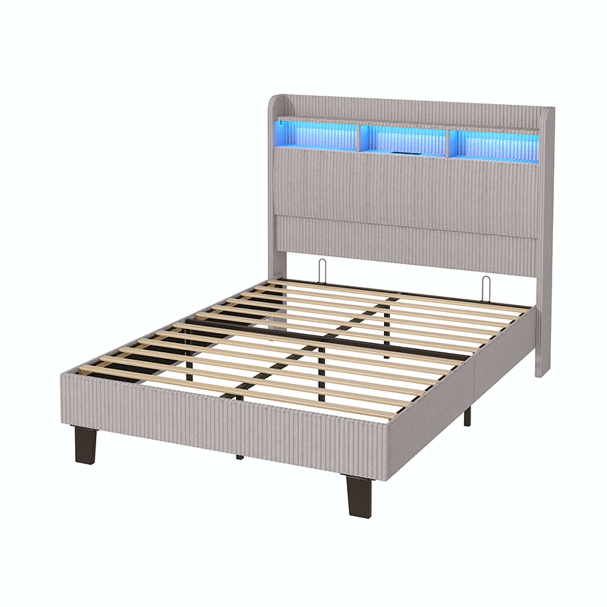 ANPOO Queen Bed Frame with LED Lights, Charging Station & Storage Headboard, 55in Tall Corduroy Upholstered Platform Bed, No Box Spring Needed