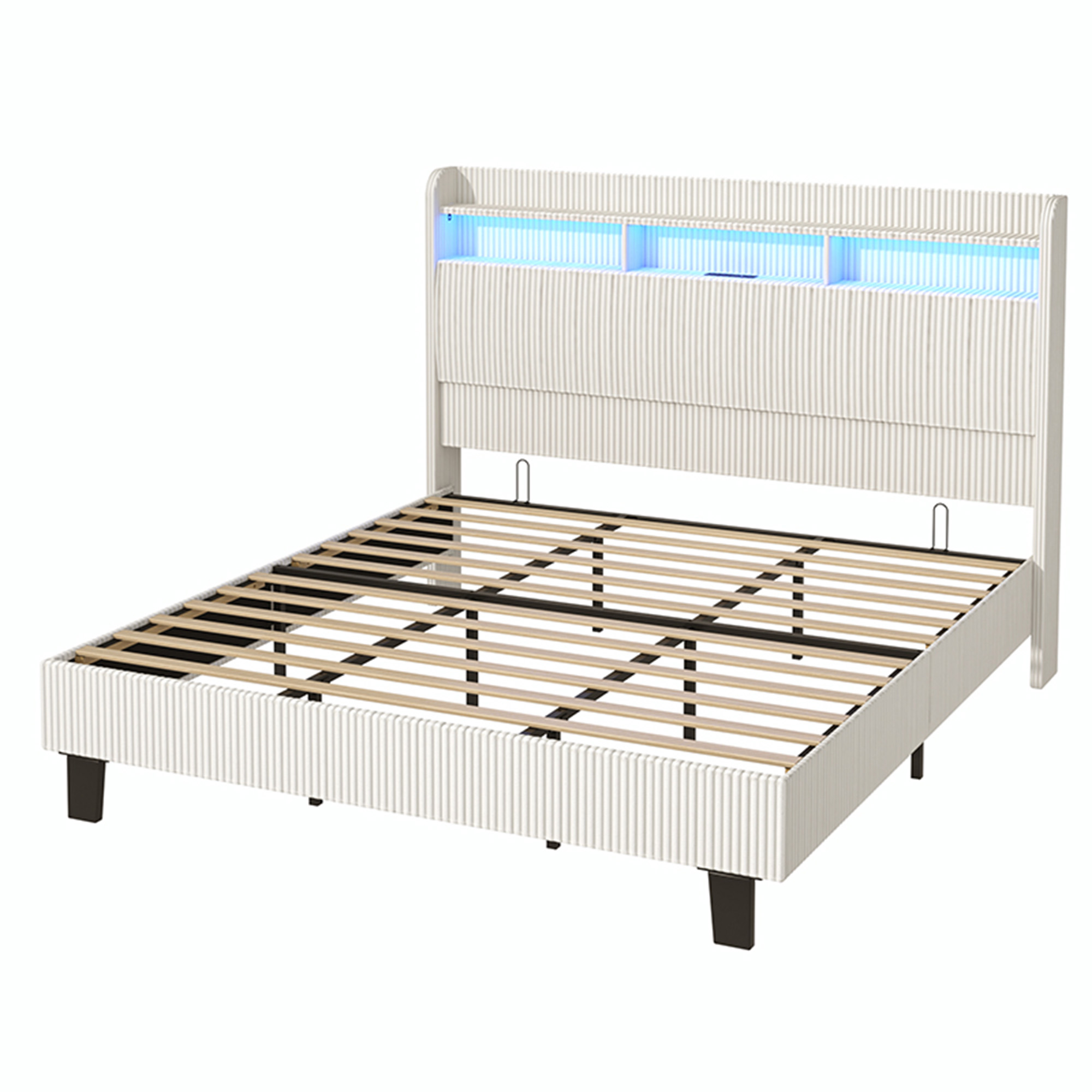 ANPOO Queen Bed Frame with LED Lights, Charging Station & Storage Headboard, 55in Tall Corduroy Upholstered Platform Bed, No Box Spring Needed