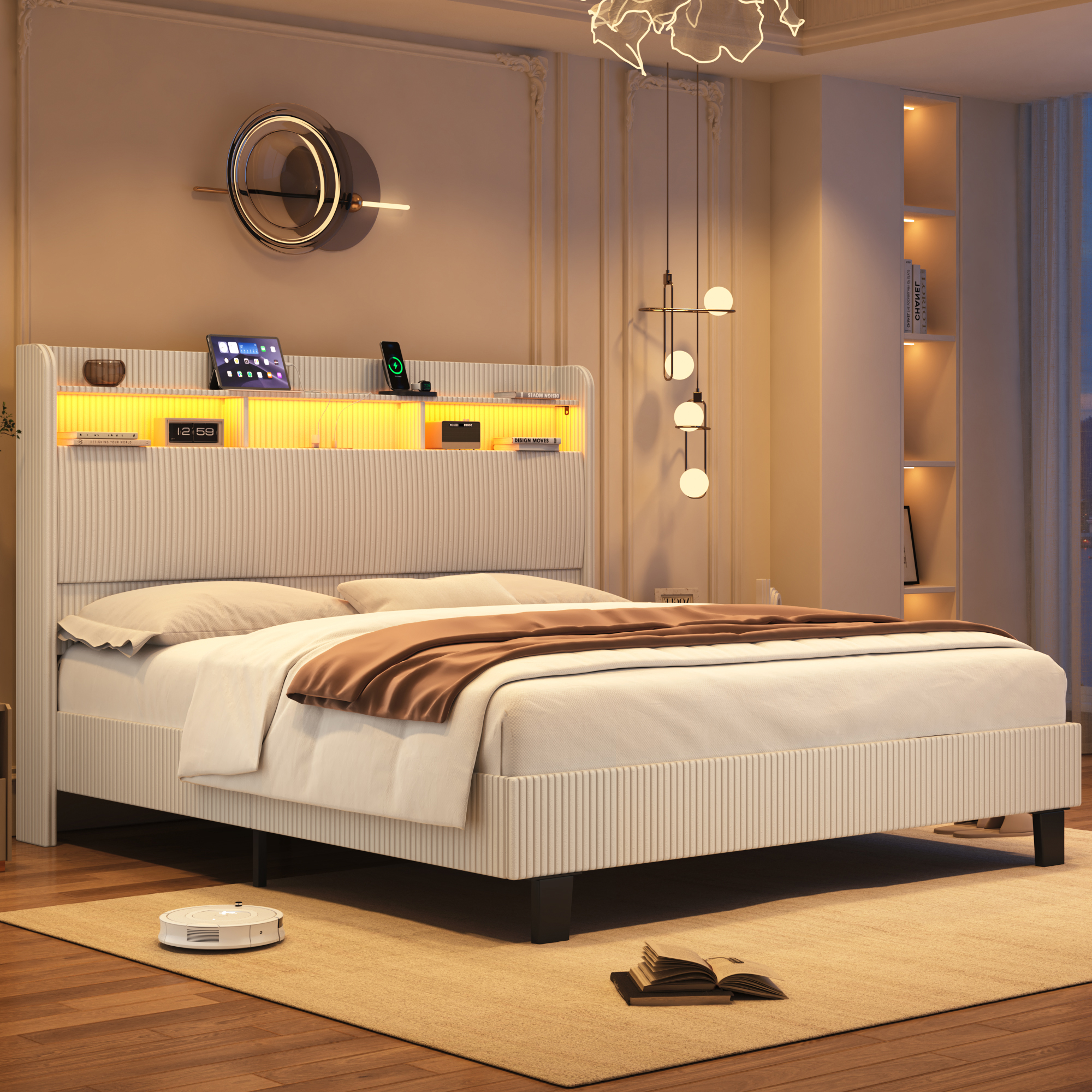 ANPOO Queen Bed Frame with LED Lights, Charging Station & Storage Headboard, 55in Tall Corduroy Upholstered Platform Bed, No Box Spring Needed