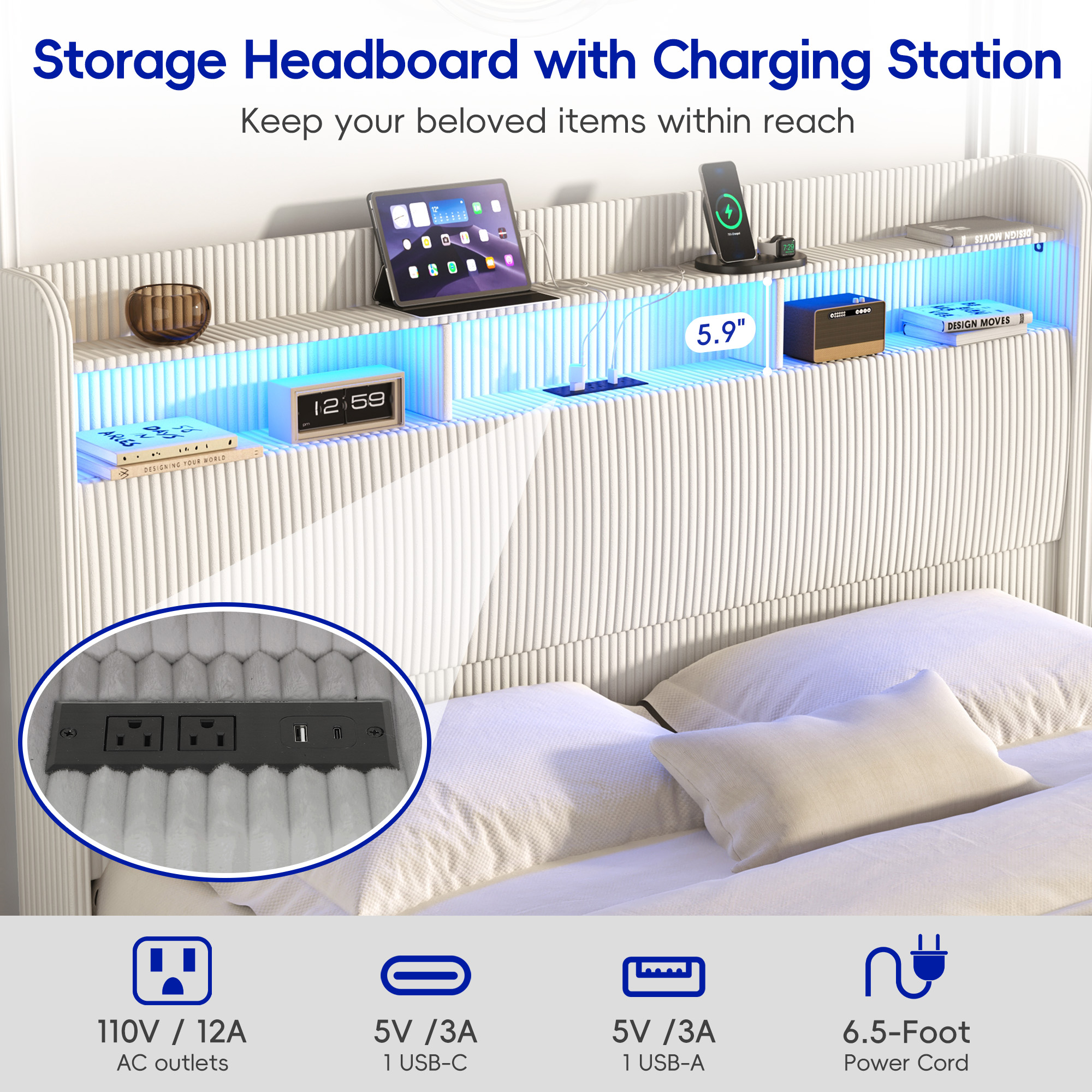ANPOO Queen Bed Frame with LED Lights, Charging Station & Storage Headboard, 55in Tall Corduroy Upholstered Platform Bed, No Box Spring Needed