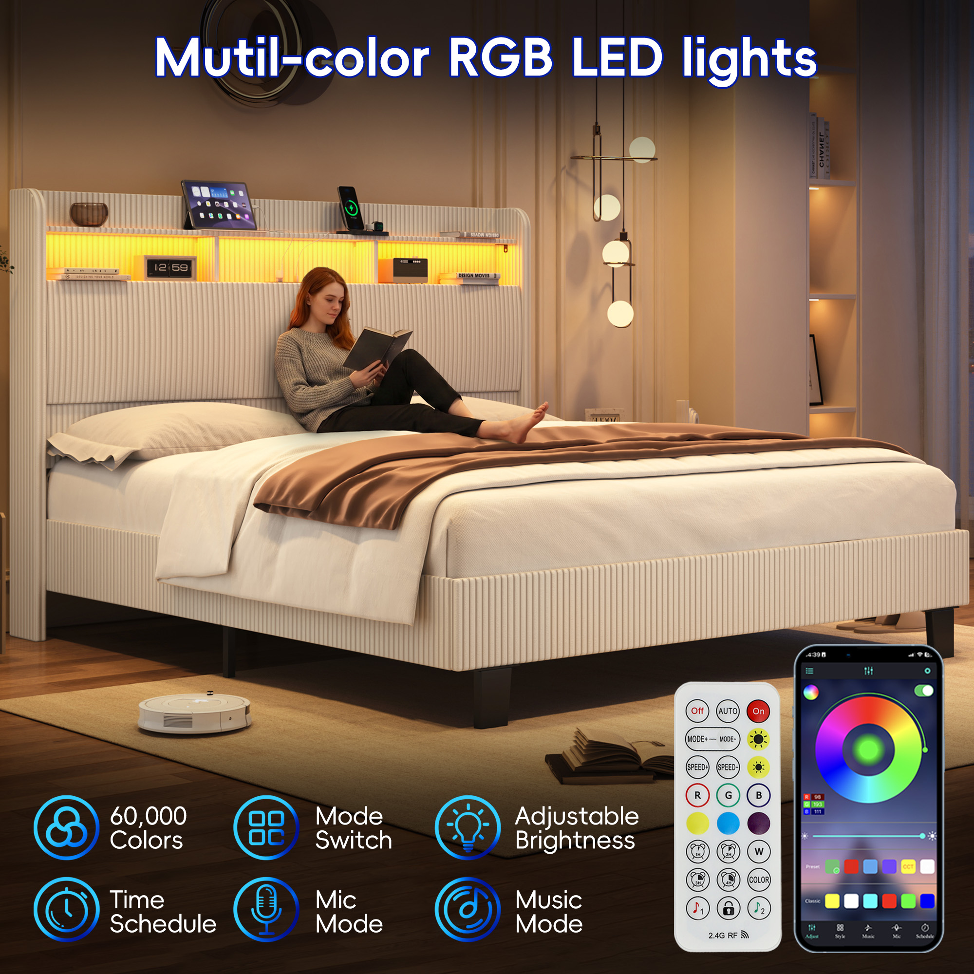 ANPOO Queen Bed Frame with LED Lights, Charging Station & Storage Headboard, 55in Tall Corduroy Upholstered Platform Bed, No Box Spring Needed