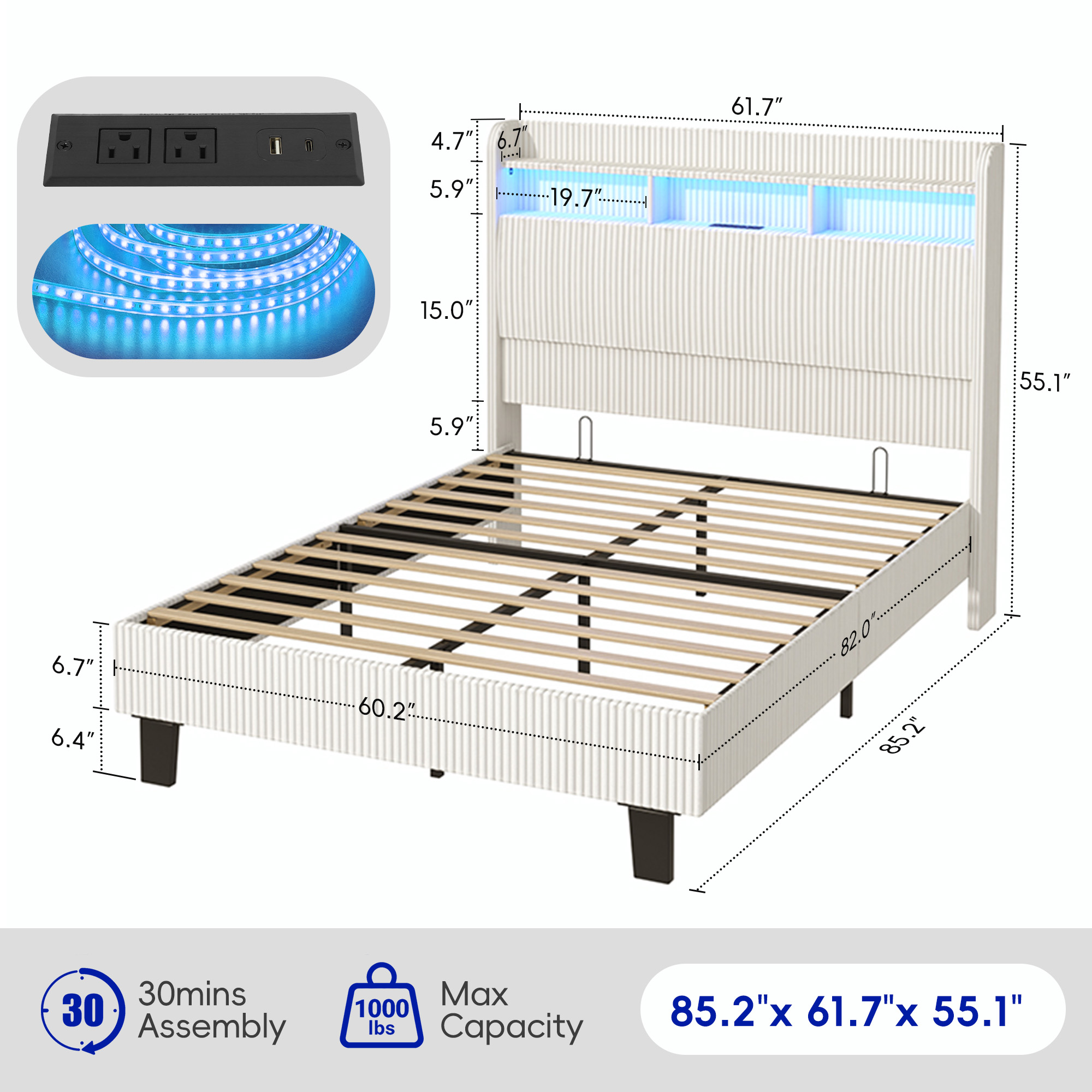 ANPOO Queen Bed Frame with LED Lights, Charging Station & Storage Headboard, 55in Tall Corduroy Upholstered Platform Bed, No Box Spring Needed