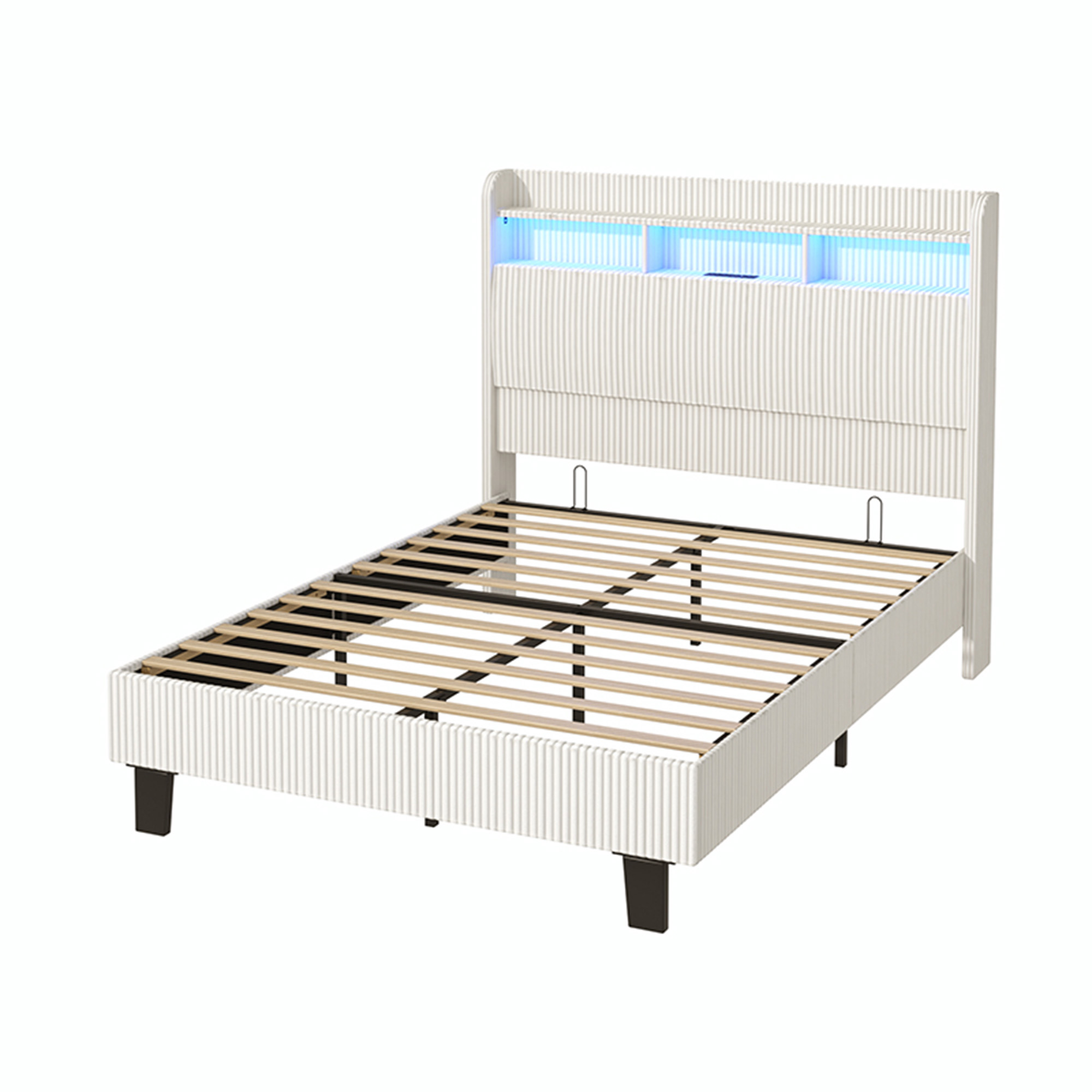 ANPOO Queen Bed Frame with LED Lights, Charging Station & Storage Headboard, 55in Tall Corduroy Upholstered Platform Bed, No Box Spring Needed