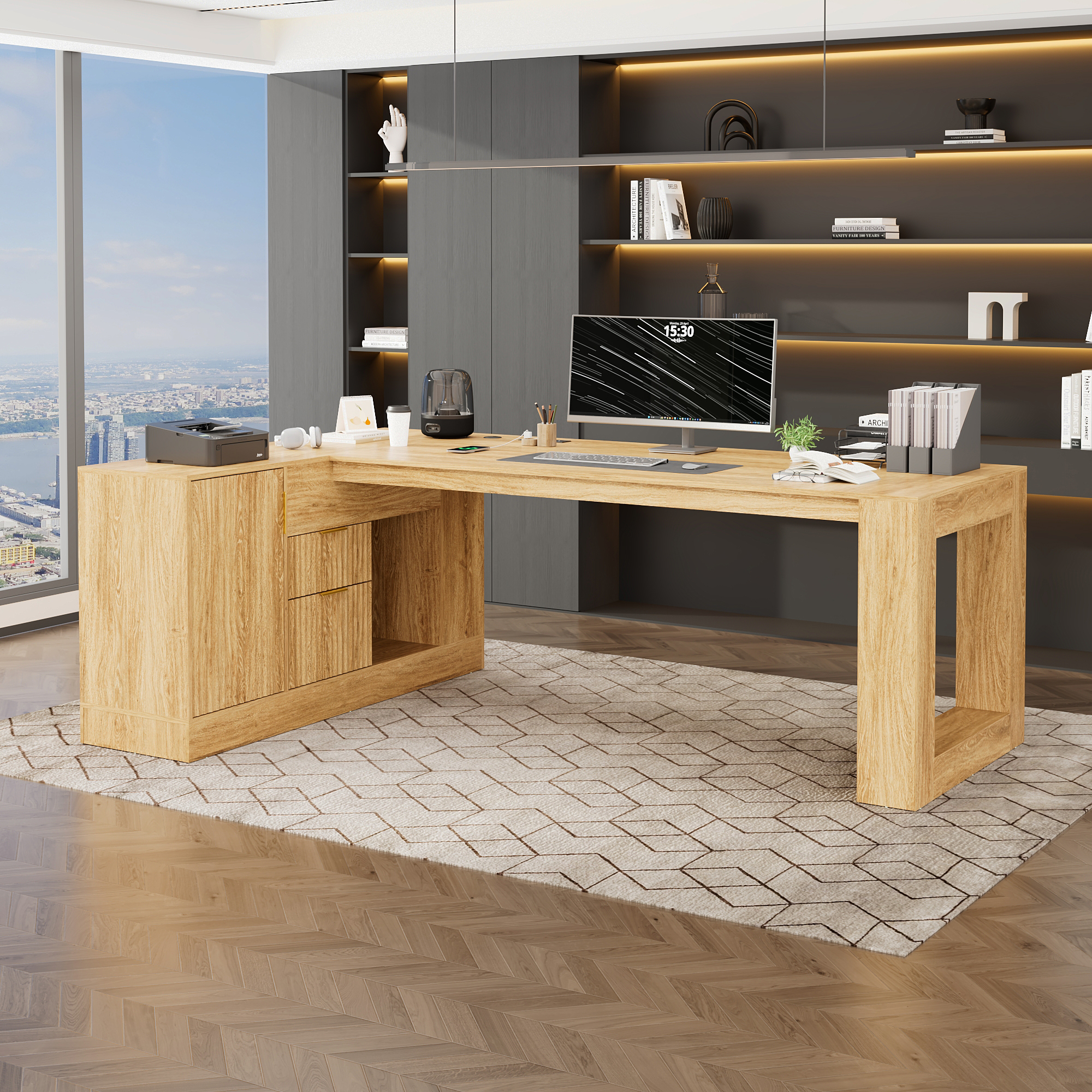 86" L-Shaped Executive Desk with Power Outlets, Large Office Desk with Storage Drawers, Cabinet and Open Shelves, Modern Computer Desk for Home Office/Study Room, Walnut