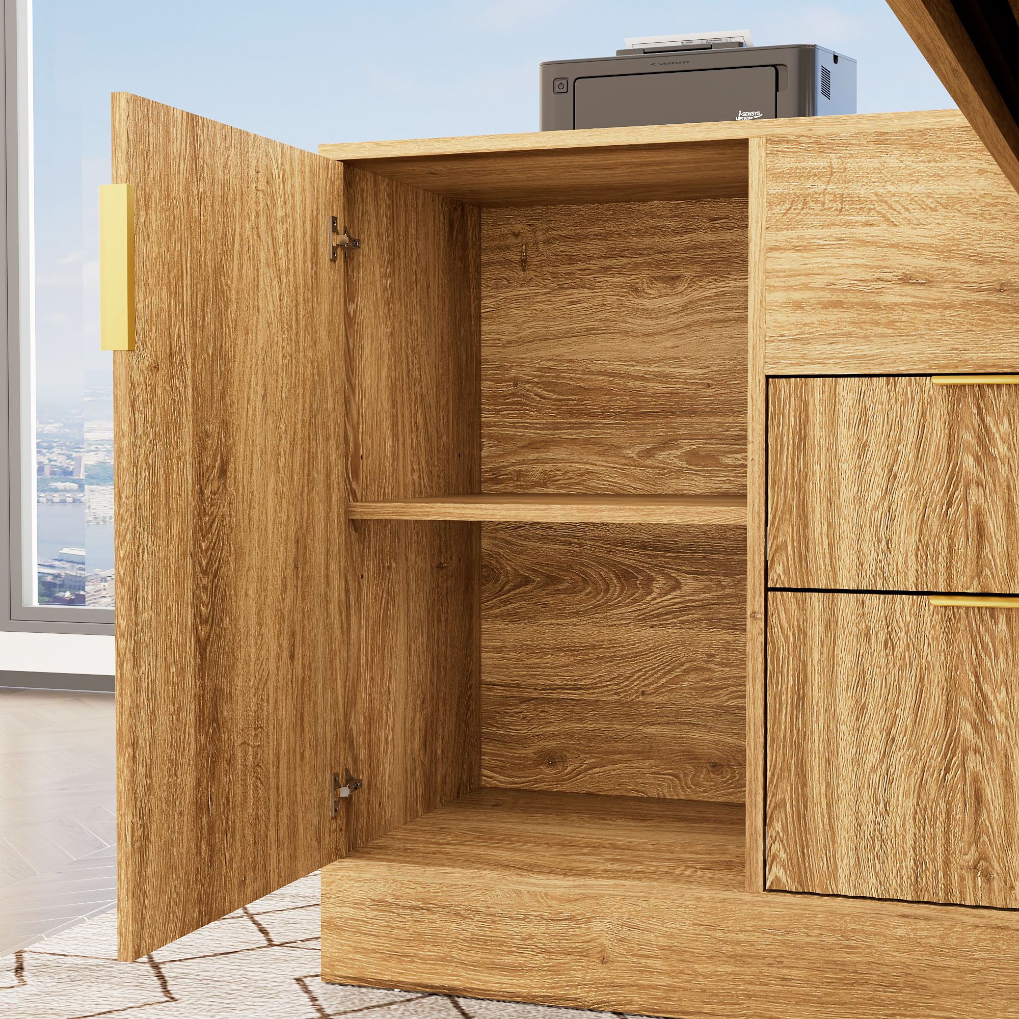 86" L-Shaped Executive Desk with Power Outlets, Large Office Desk with Storage Drawers, Cabinet and Open Shelves, Modern Computer Desk for Home Office/Study Room, Walnut