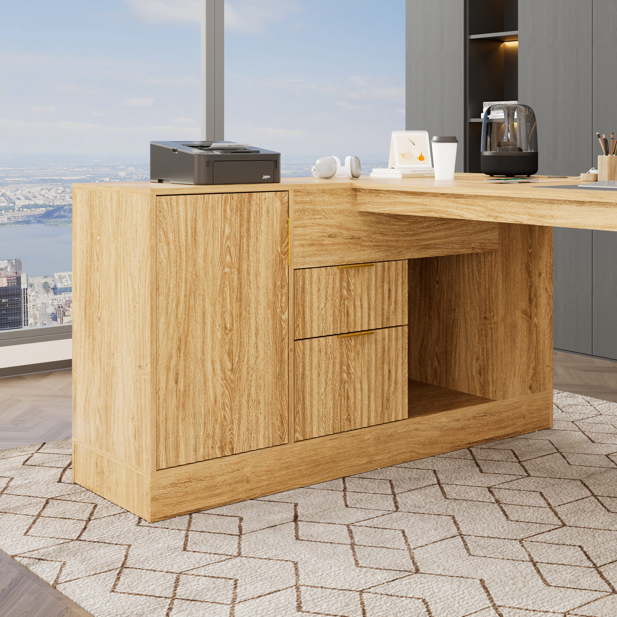 86" L-Shaped Executive Desk with Power Outlets, Large Office Desk with Storage Drawers, Cabinet and Open Shelves, Modern Computer Desk for Home Office/Study Room, Walnut