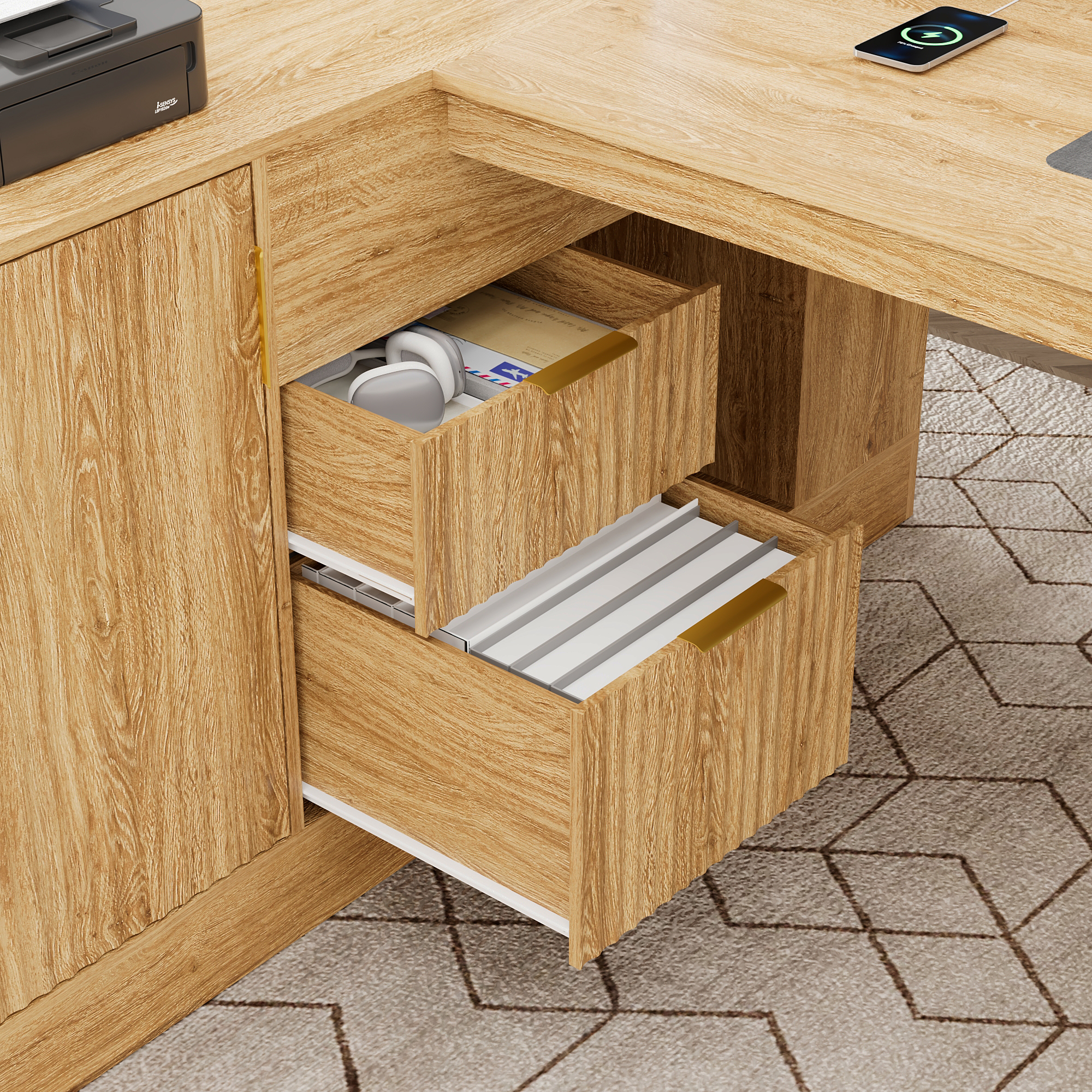 86" L-Shaped Executive Desk with Power Outlets, Large Office Desk with Storage Drawers, Cabinet and Open Shelves, Modern Computer Desk for Home Office/Study Room, Walnut