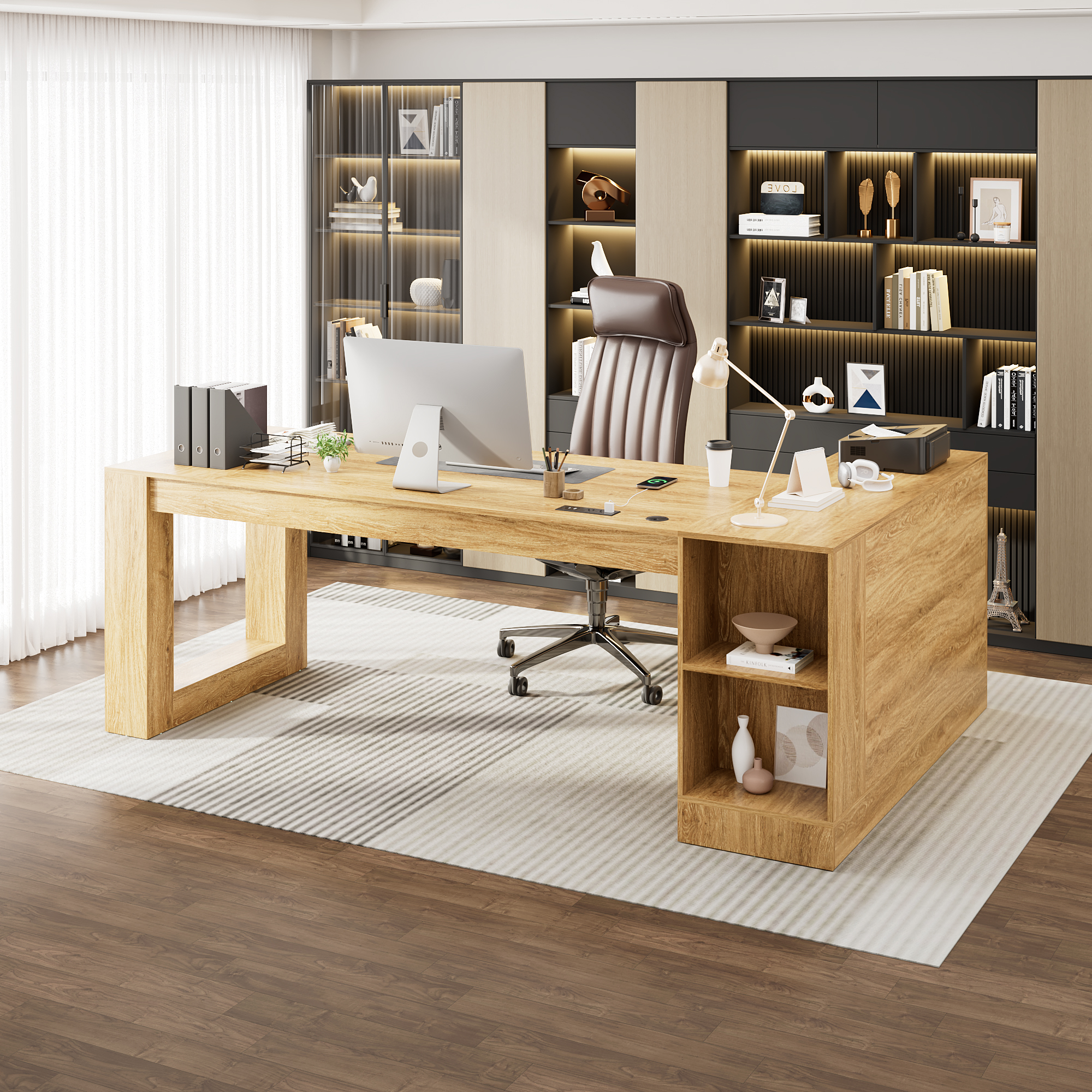 86" L-Shaped Executive Desk with Power Outlets, Large Office Desk with Storage Drawers, Cabinet and Open Shelves, Modern Computer Desk for Home Office/Study Room, Walnut