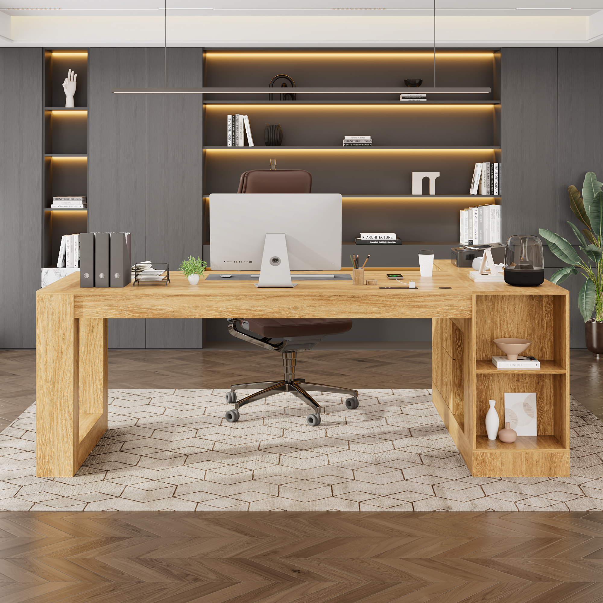 86" L-Shaped Executive Desk with Power Outlets, Large Office Desk with Storage Drawers, Cabinet and Open Shelves, Modern Computer Desk for Home Office/Study Room, Walnut