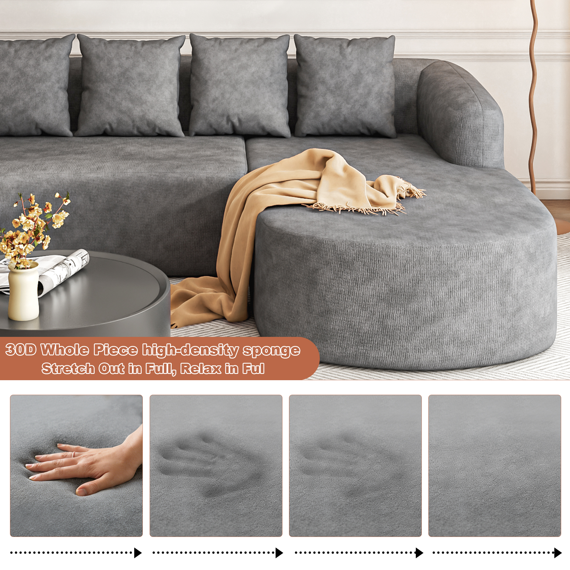 ChVans 101'' L-Shape Curved Sectional Sofa with Chaise, Modern Luxury Chenille Cloud Couch, Modular Sectional Sofa, Heavy Duty Oversized Deep Seat 3-Seater for Living Room, No Assembly Required