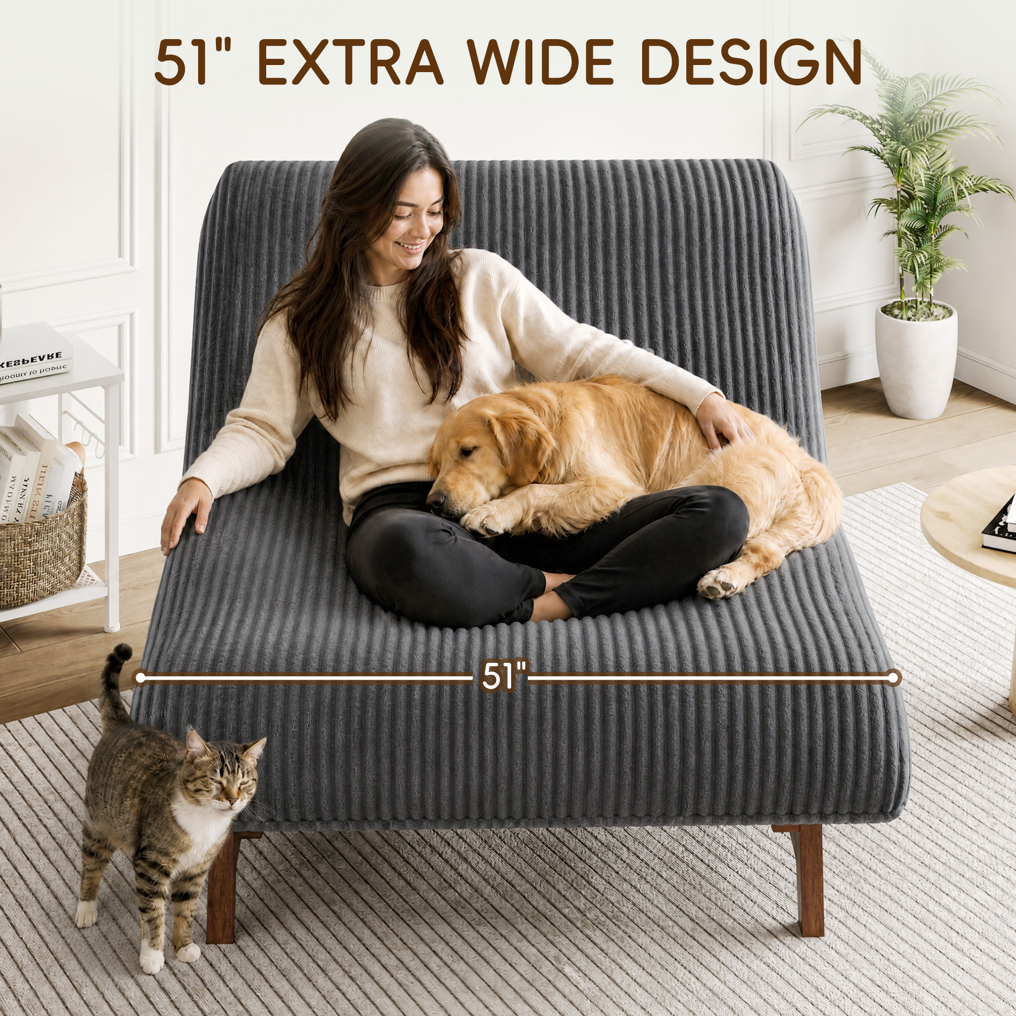  51''Armless Lounge Chair, 2-in-1 Convertible Floor Sofa Bed with Solid Wood Frame, Full Memory Foam Corduroy Accent Chair with Lumbar Pillow, Ergonomic Support for Living Room Bedroom Office