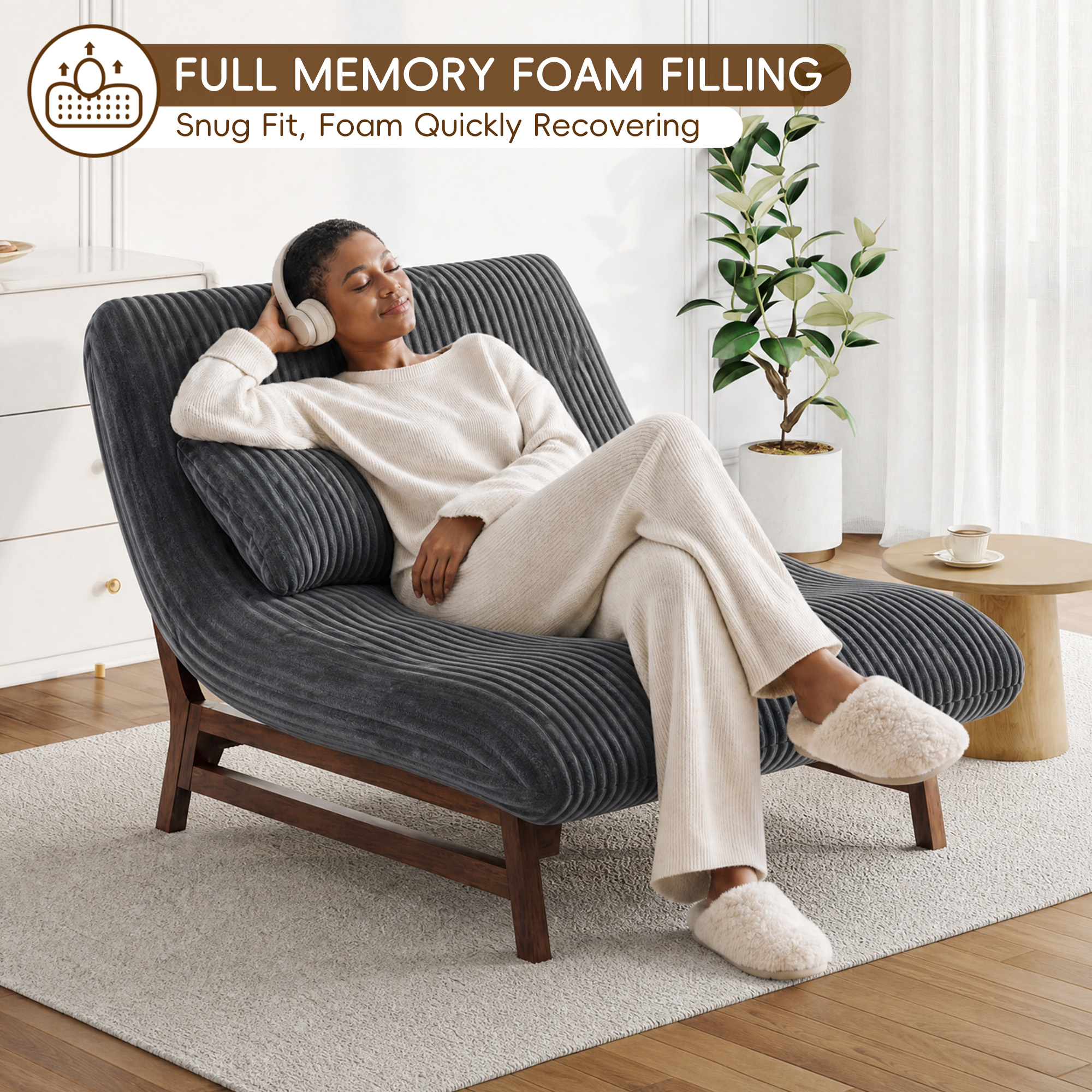  51''Armless Lounge Chair, 2-in-1 Convertible Floor Sofa Bed with Solid Wood Frame, Full Memory Foam Corduroy Accent Chair with Lumbar Pillow, Ergonomic Support for Living Room Bedroom Office