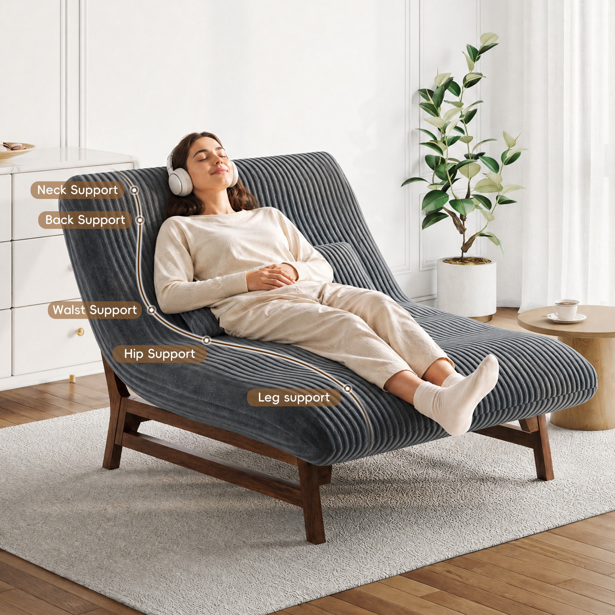  51''Armless Lounge Chair, 2-in-1 Convertible Floor Sofa Bed with Solid Wood Frame, Full Memory Foam Corduroy Accent Chair with Lumbar Pillow, Ergonomic Support for Living Room Bedroom Office