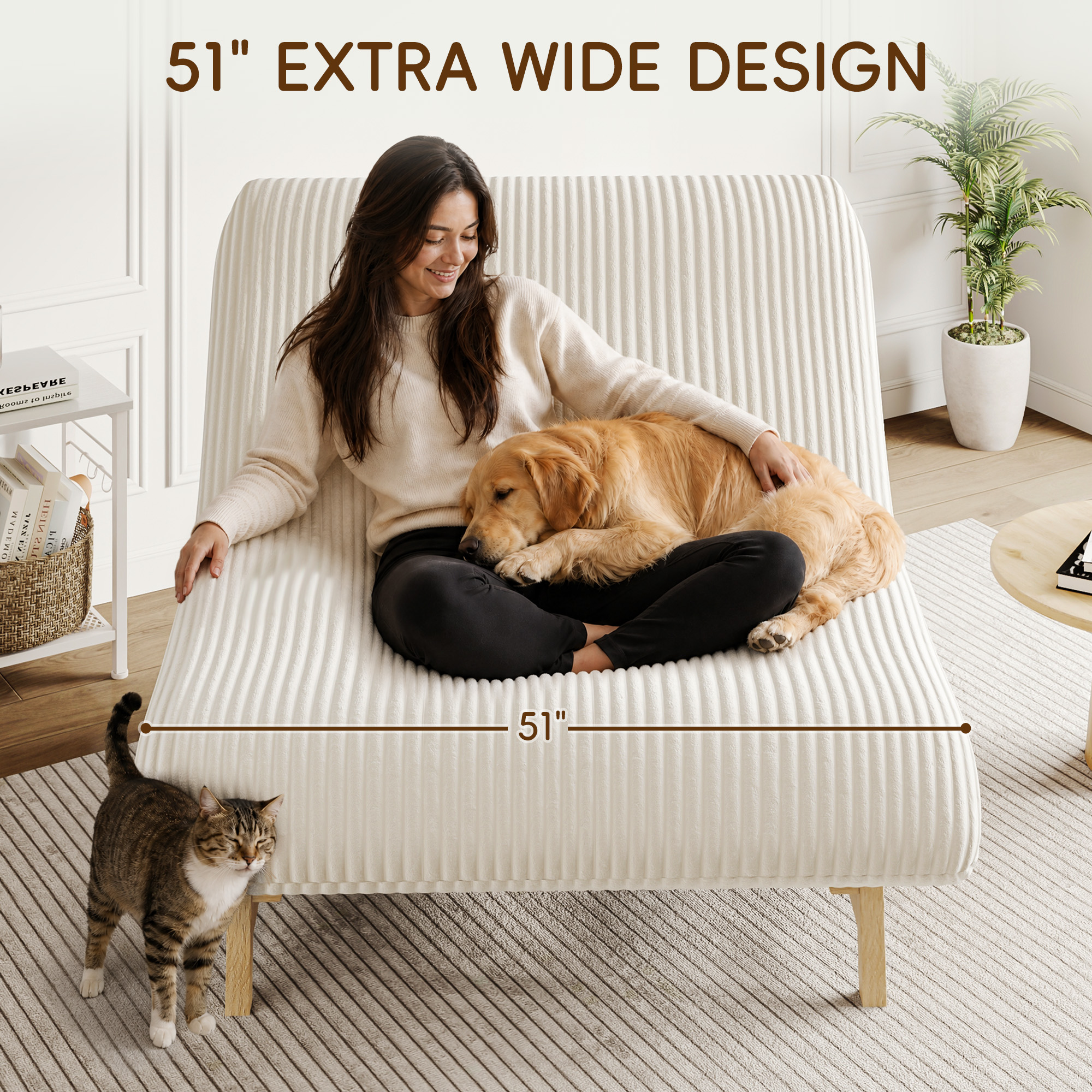  51''Armless Lounge Chair, 2-in-1 Convertible Floor Sofa Bed with Solid Wood Frame, Full Memory Foam Corduroy Accent Chair with Lumbar Pillow, Ergonomic Support for Living Room Bedroom Office