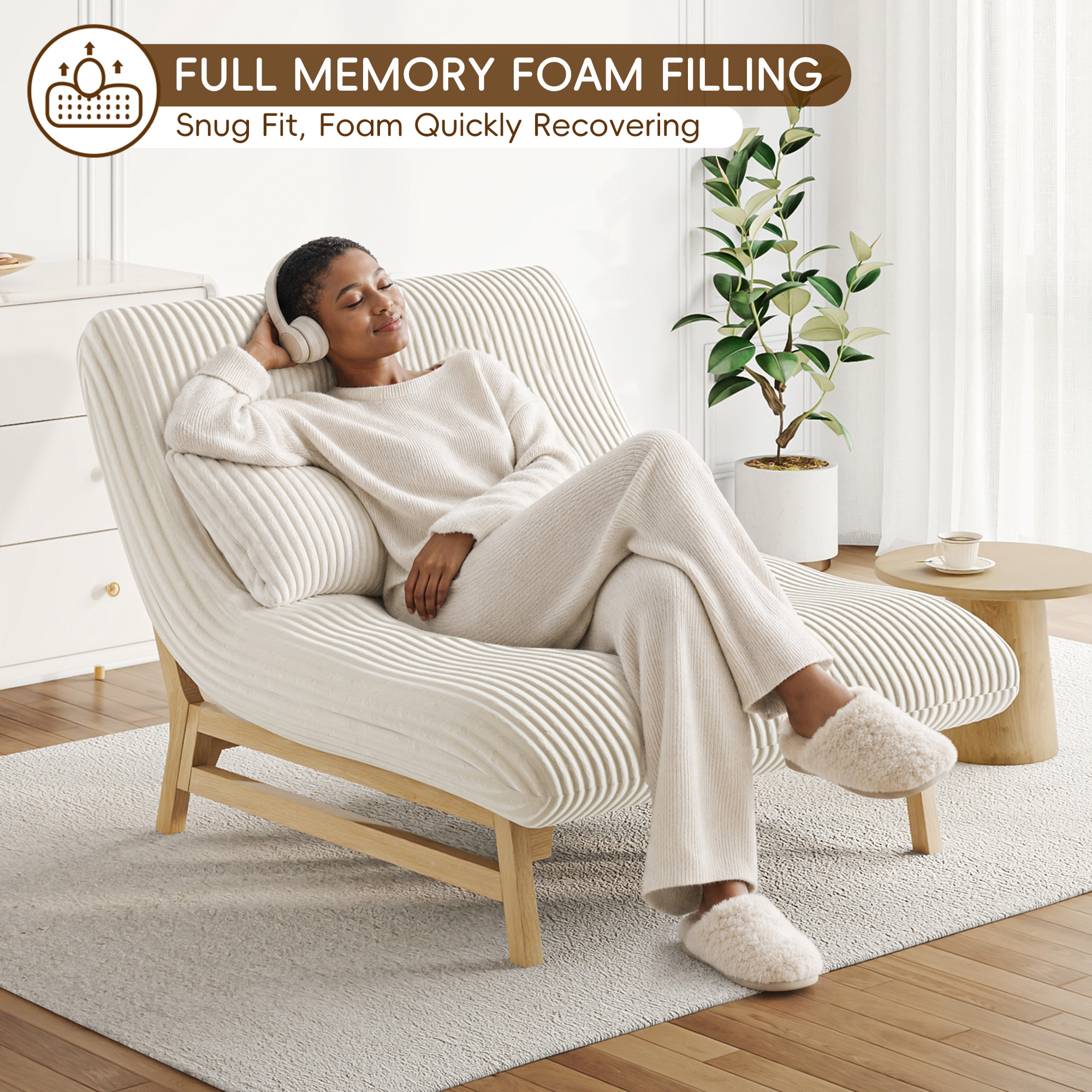  51''Armless Lounge Chair, 2-in-1 Convertible Floor Sofa Bed with Solid Wood Frame, Full Memory Foam Corduroy Accent Chair with Lumbar Pillow, Ergonomic Support for Living Room Bedroom Office