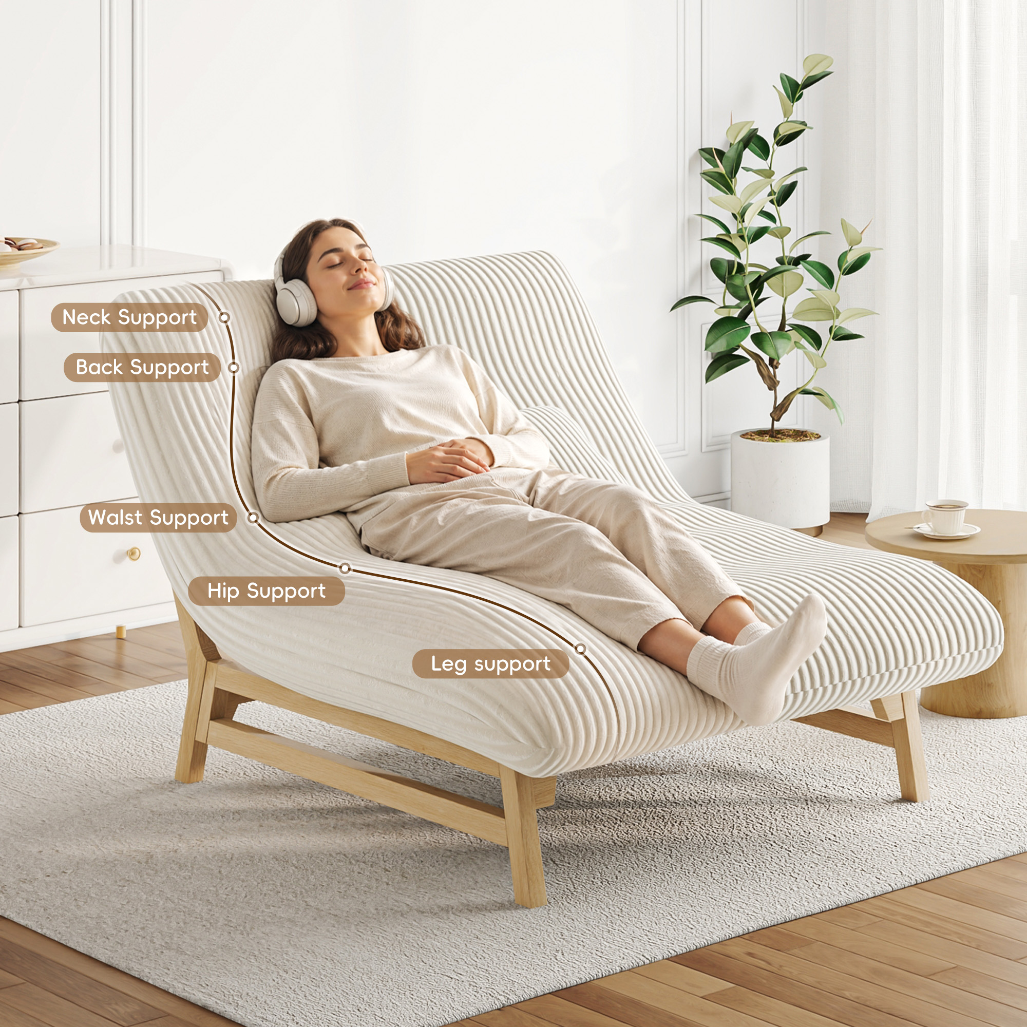  51''Armless Lounge Chair, 2-in-1 Convertible Floor Sofa Bed with Solid Wood Frame, Full Memory Foam Corduroy Accent Chair with Lumbar Pillow, Ergonomic Support for Living Room Bedroom Office