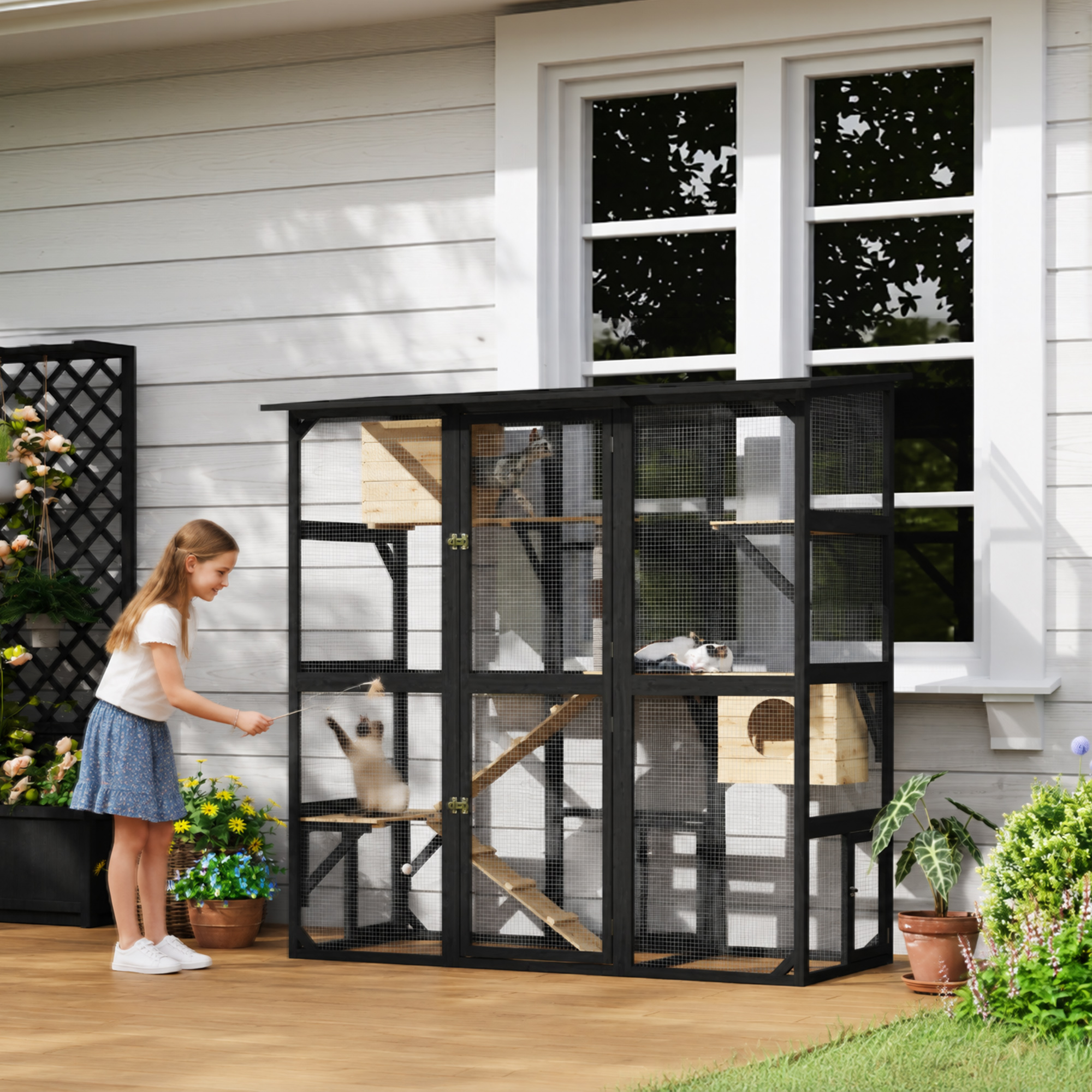 63''Luxury Walk-In Outdoor Catio, Large Wooden Cat Enclosure with Sloped Weatherproof Roof, Multi-Level Cat House with Cat Condo, Sisal Post & Ramps, Escape-Proof Cat Cage for Multiple Cats