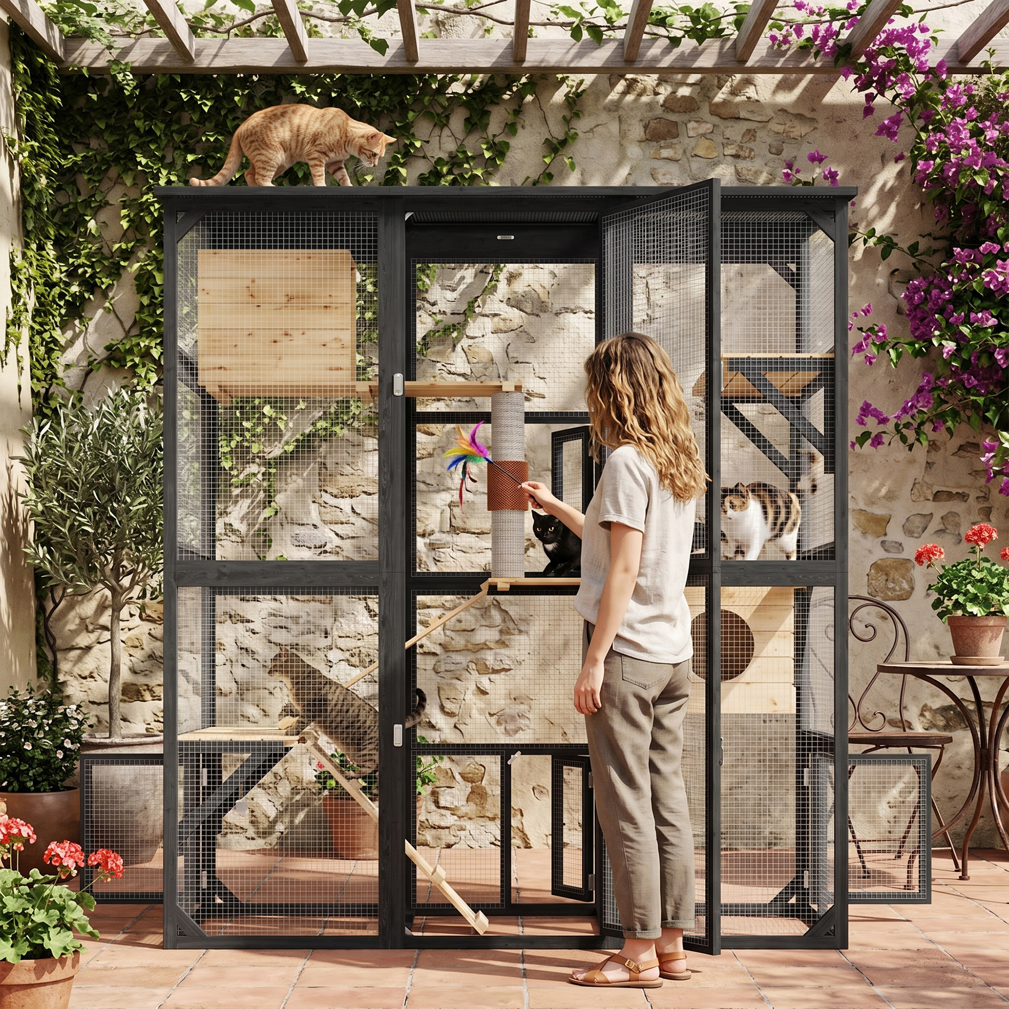 63''Luxury Walk-In Outdoor Catio, Large Wooden Cat Enclosure with Sloped Weatherproof Roof, Multi-Level Cat House with Cat Condo, Sisal Post & Ramps, Escape-Proof Cat Cage for Multiple Cats
