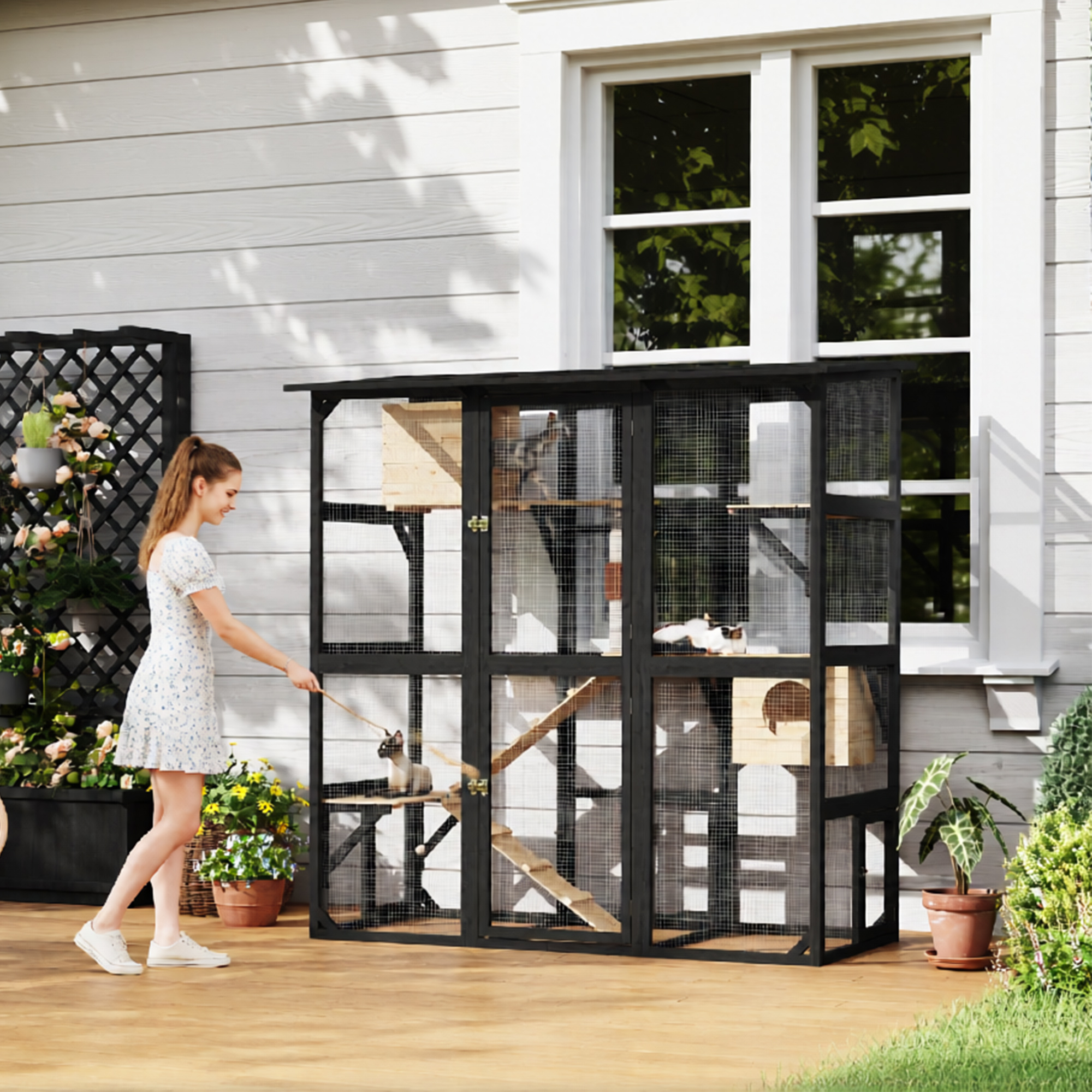 63''Luxury Walk-In Outdoor Catio, Large Wooden Cat Enclosure with Sloped Weatherproof Roof, Multi-Level Cat House with Cat Condo, Sisal Post & Ramps, Escape-Proof Cat Cage for Multiple Cats