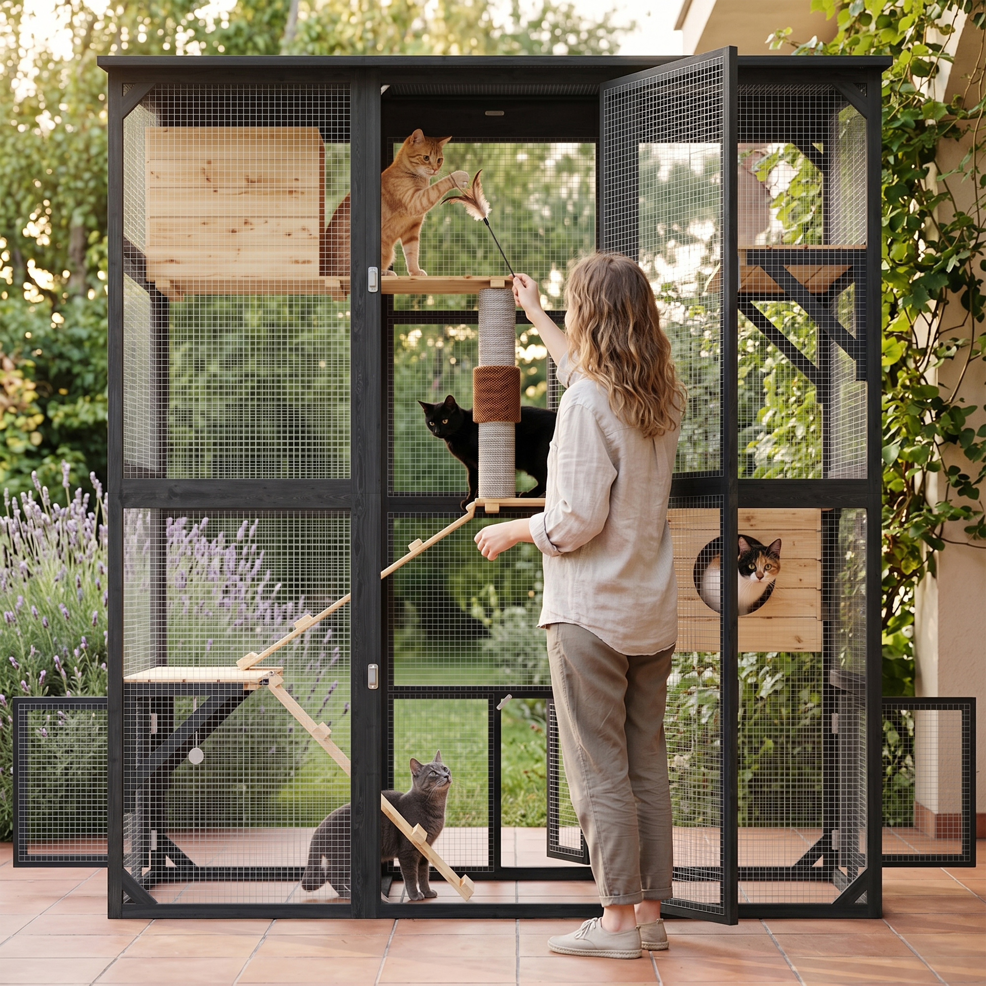 63''Luxury Walk-In Outdoor Catio, Large Wooden Cat Enclosure with Sloped Weatherproof Roof, Multi-Level Cat House with Cat Condo, Sisal Post & Ramps, Escape-Proof Cat Cage for Multiple Cats