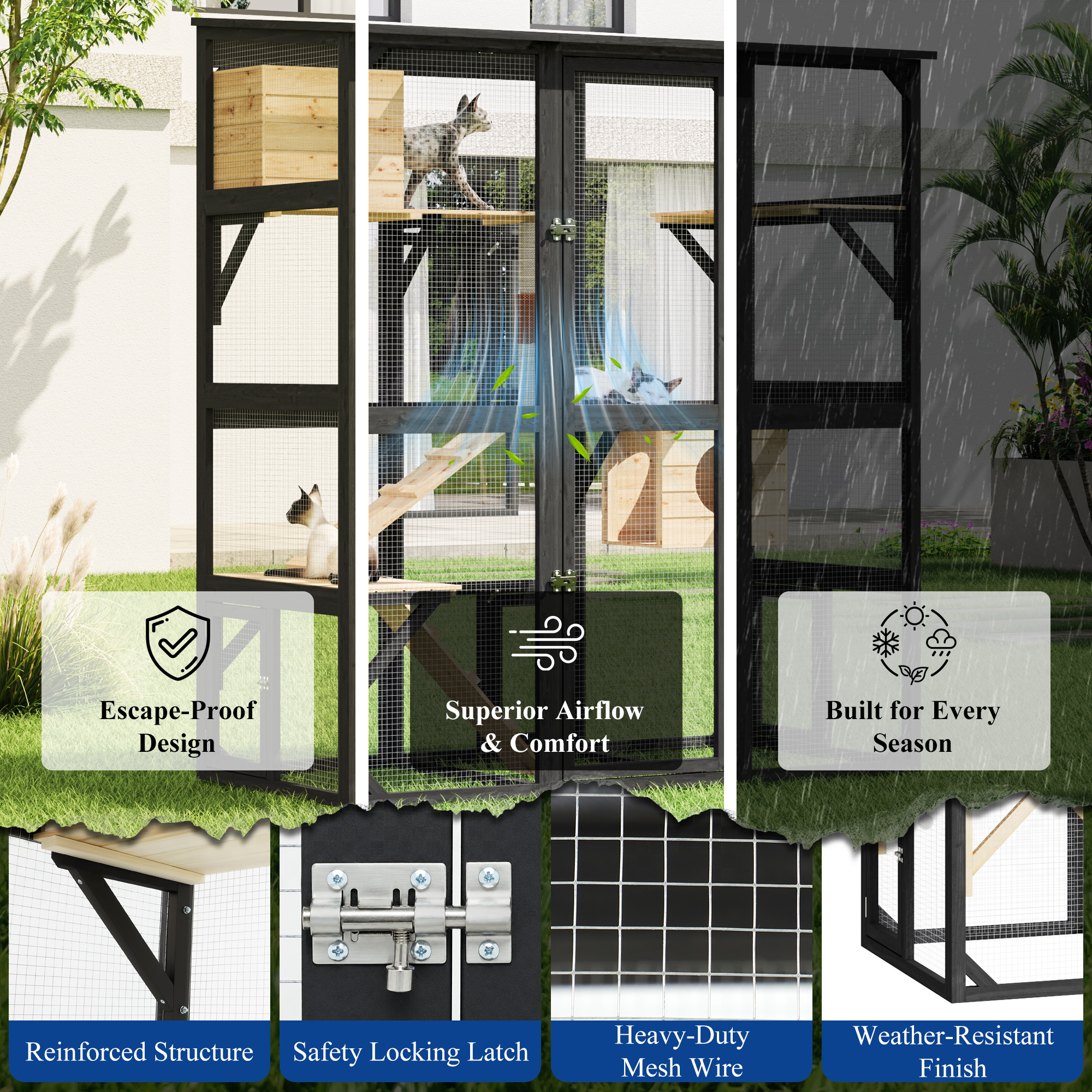 63''Luxury Walk-In Outdoor Catio, Large Wooden Cat Enclosure with Sloped Weatherproof Roof, Multi-Level Cat House with Cat Condo, Sisal Post & Ramps, Escape-Proof Cat Cage for Multiple Cats