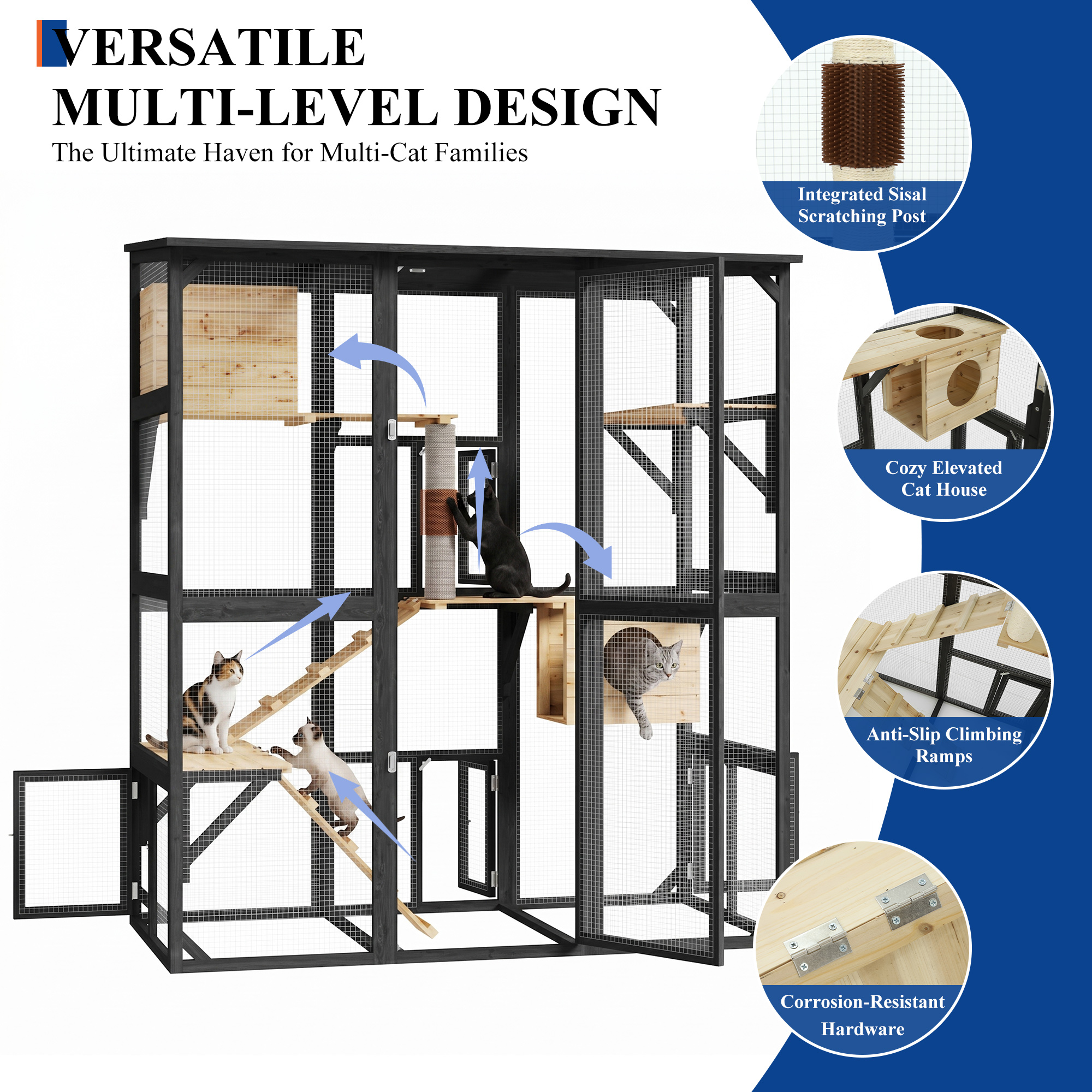 63''Luxury Walk-In Outdoor Catio, Large Wooden Cat Enclosure with Sloped Weatherproof Roof, Multi-Level Cat House with Cat Condo, Sisal Post & Ramps, Escape-Proof Cat Cage for Multiple Cats