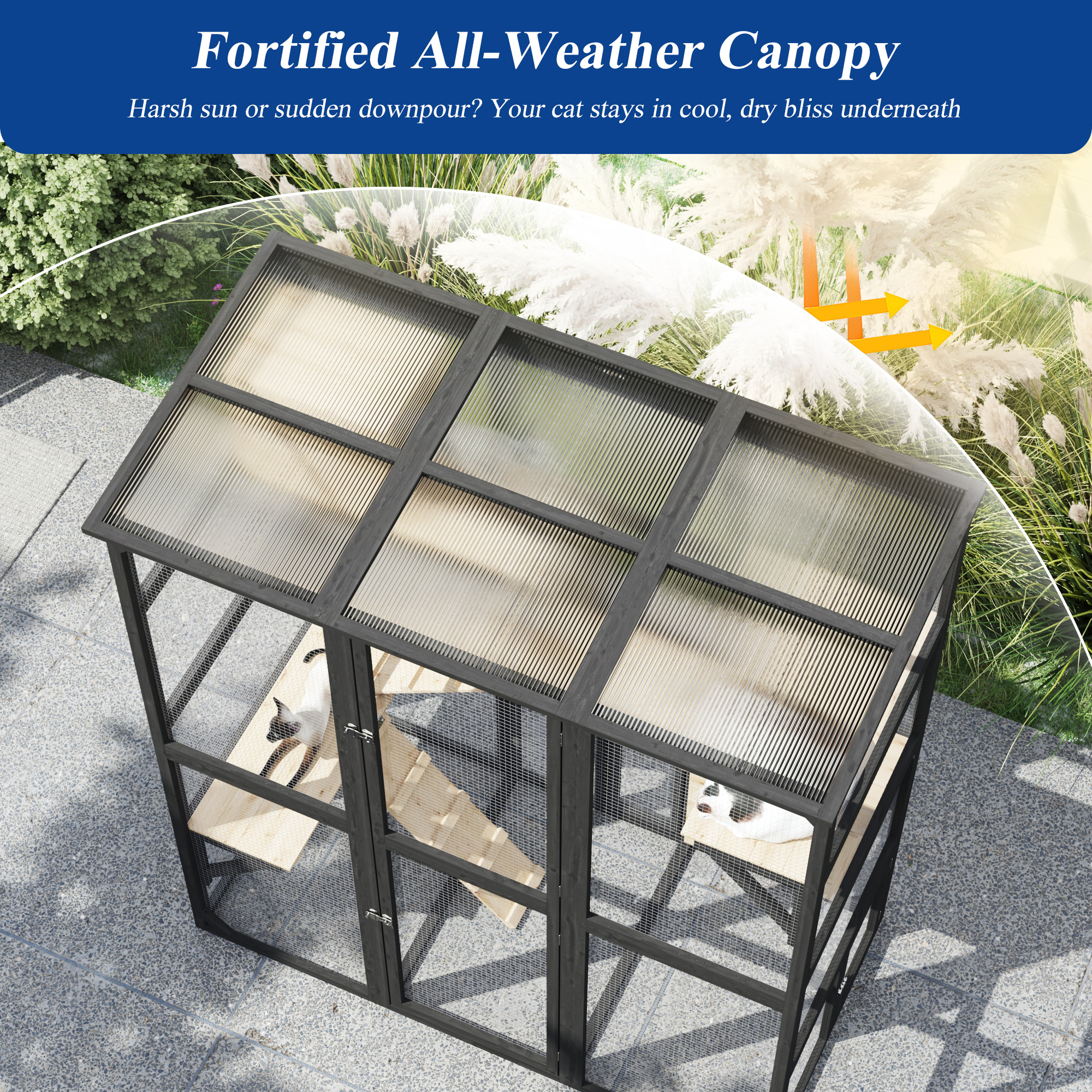 63''Luxury Walk-In Outdoor Catio, Large Wooden Cat Enclosure with Sloped Weatherproof Roof, Multi-Level Cat House with Cat Condo, Sisal Post & Ramps, Escape-Proof Cat Cage for Multiple Cats