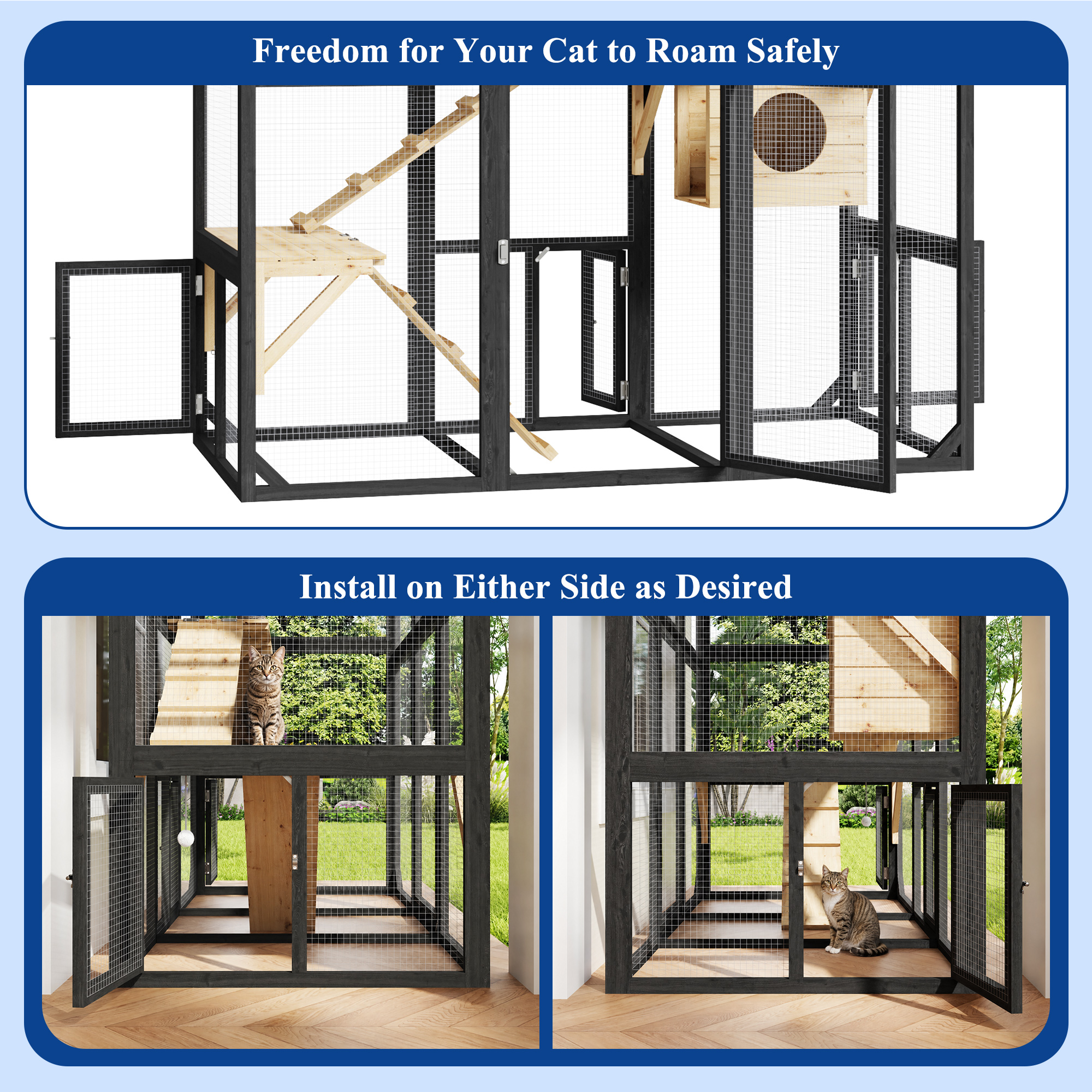 63''Luxury Walk-In Outdoor Catio, Large Wooden Cat Enclosure with Sloped Weatherproof Roof, Multi-Level Cat House with Cat Condo, Sisal Post & Ramps, Escape-Proof Cat Cage for Multiple Cats