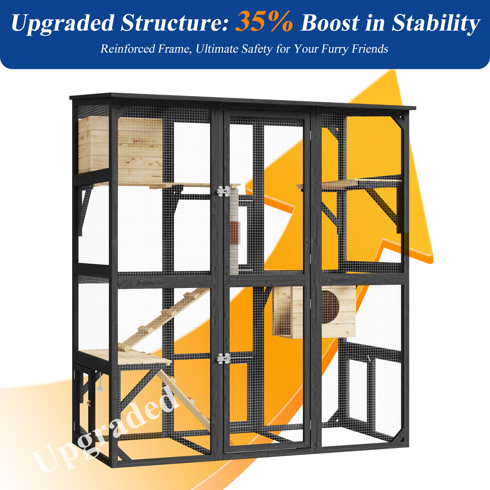 63''Luxury Walk-In Outdoor Catio, Large Wooden Cat Enclosure with Sloped Weatherproof Roof, Multi-Level Cat House with Cat Condo, Sisal Post & Ramps, Escape-Proof Cat Cage for Multiple Cats