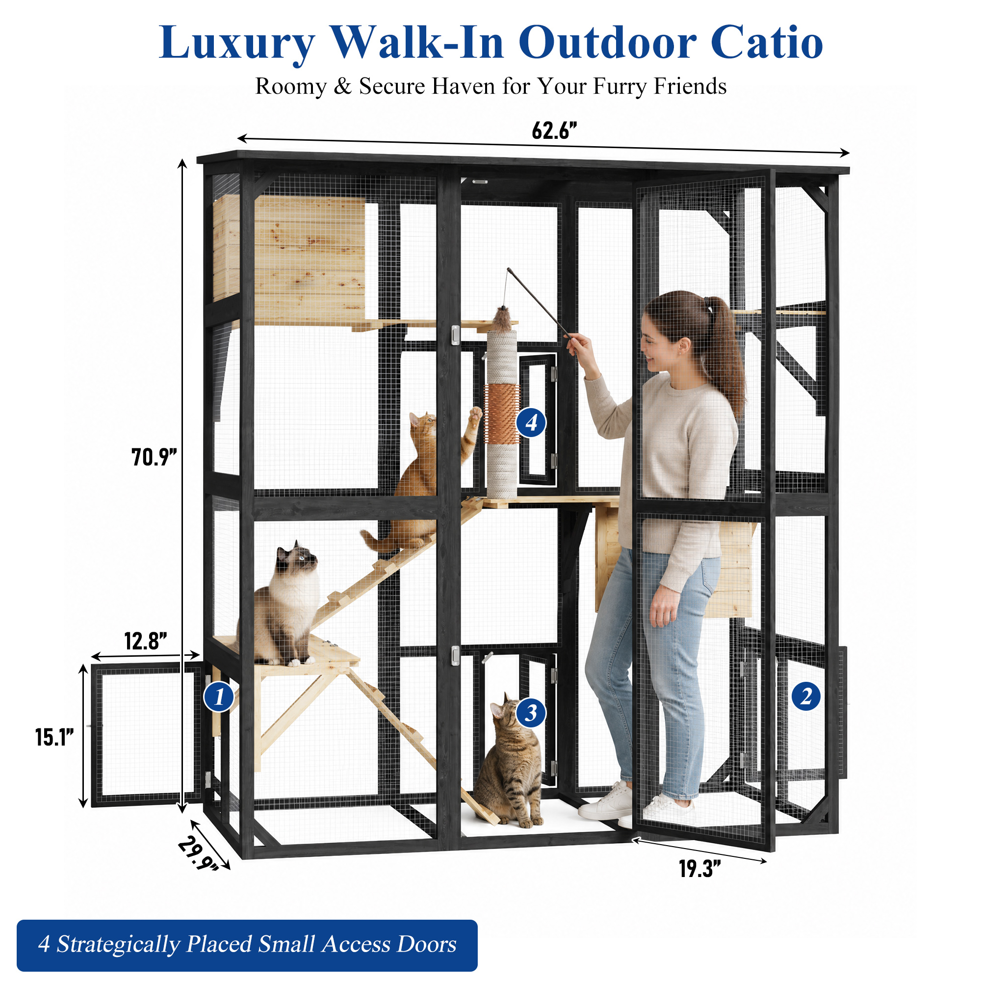 63''Luxury Walk-In Outdoor Catio, Large Wooden Cat Enclosure with Sloped Weatherproof Roof, Multi-Level Cat House with Cat Condo, Sisal Post & Ramps, Escape-Proof Cat Cage for Multiple Cats