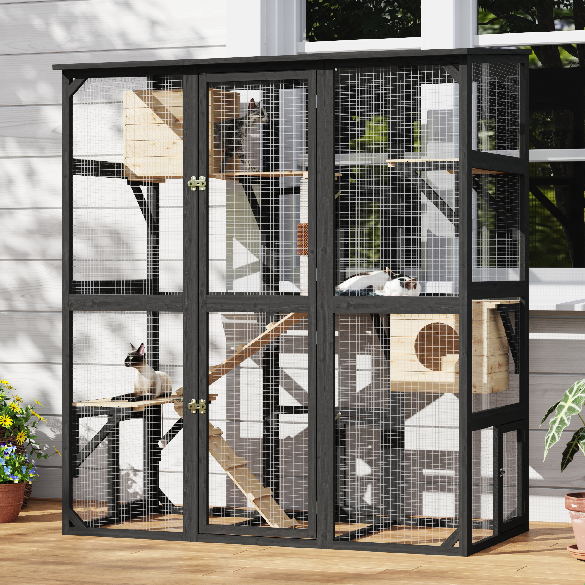 63''Luxury Walk-In Outdoor Catio, Large Wooden Cat Enclosure with Sloped Weatherproof Roof, Multi-Level Cat House with Cat Condo, Sisal Post & Ramps, Escape-Proof Cat Cage for Multiple Cats