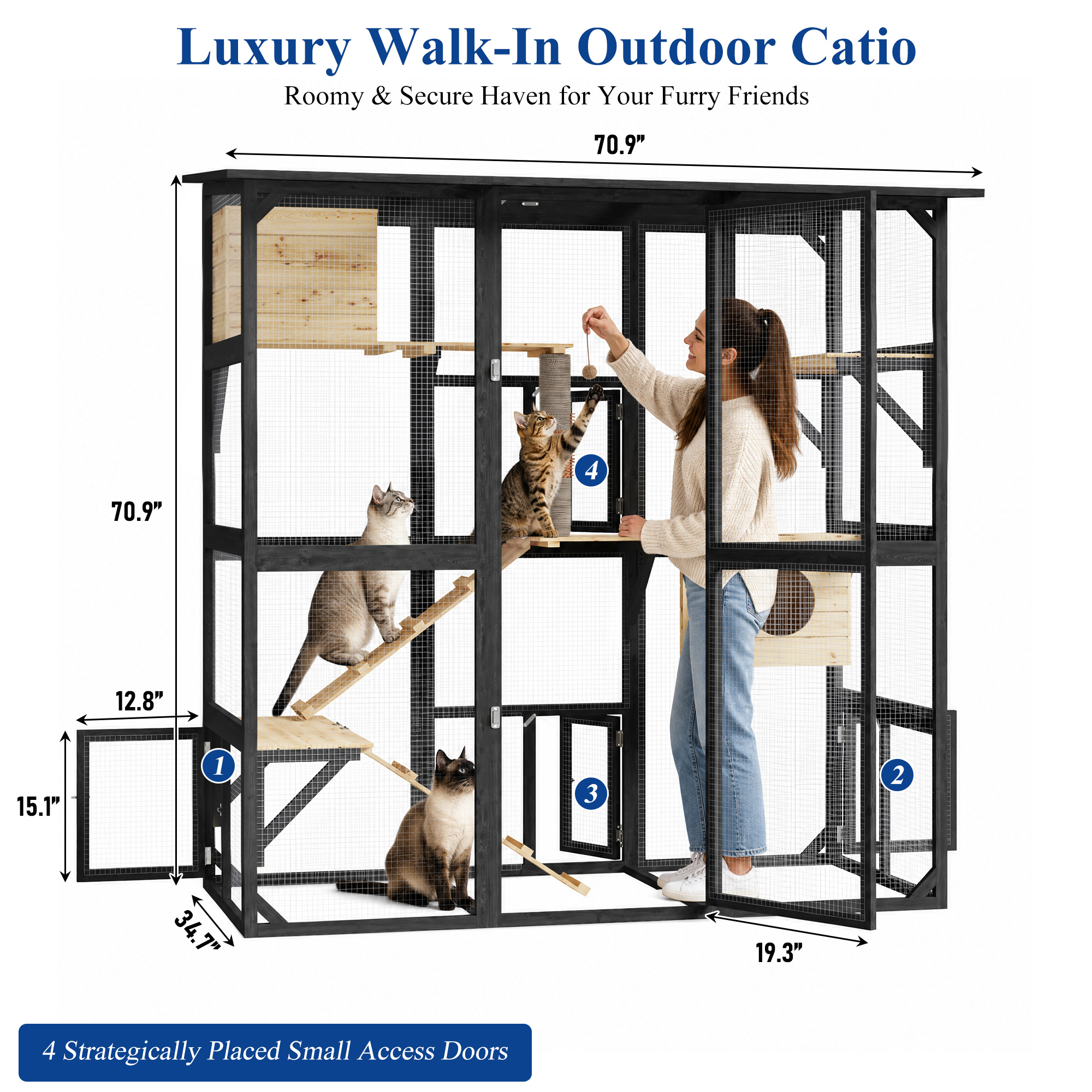 63''Luxury Walk-In Outdoor Catio, Large Wooden Cat Enclosure with Sloped Weatherproof Roof, Multi-Level Cat House with Cat Condo, Sisal Post & Ramps, Escape-Proof Cat Cage for Multiple Cats