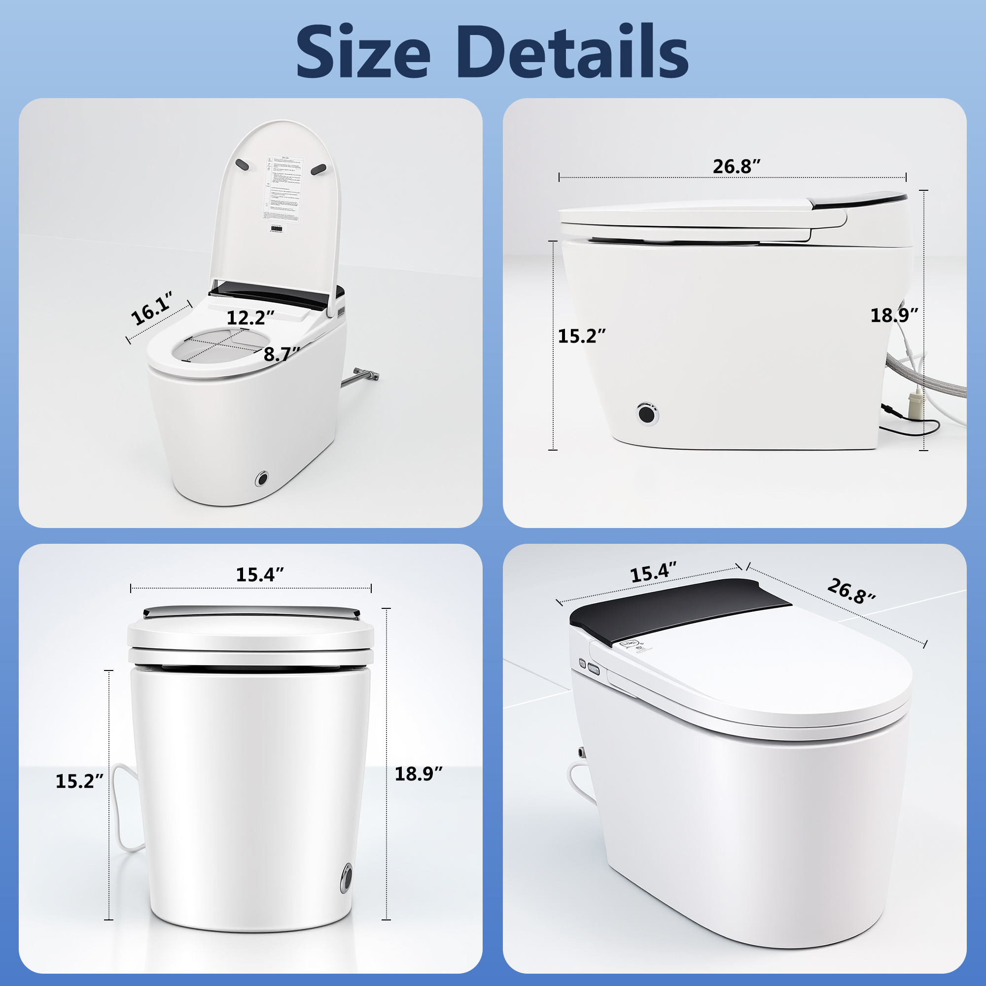 Modern Smart Toilet with Bidet Built In,Heated Seat,Warm Air Dryer,Adjustable Temp,Foot Sensor,Auto Lid&Seat,Electric Tankless Toilets with LED Display,1.28 GPF