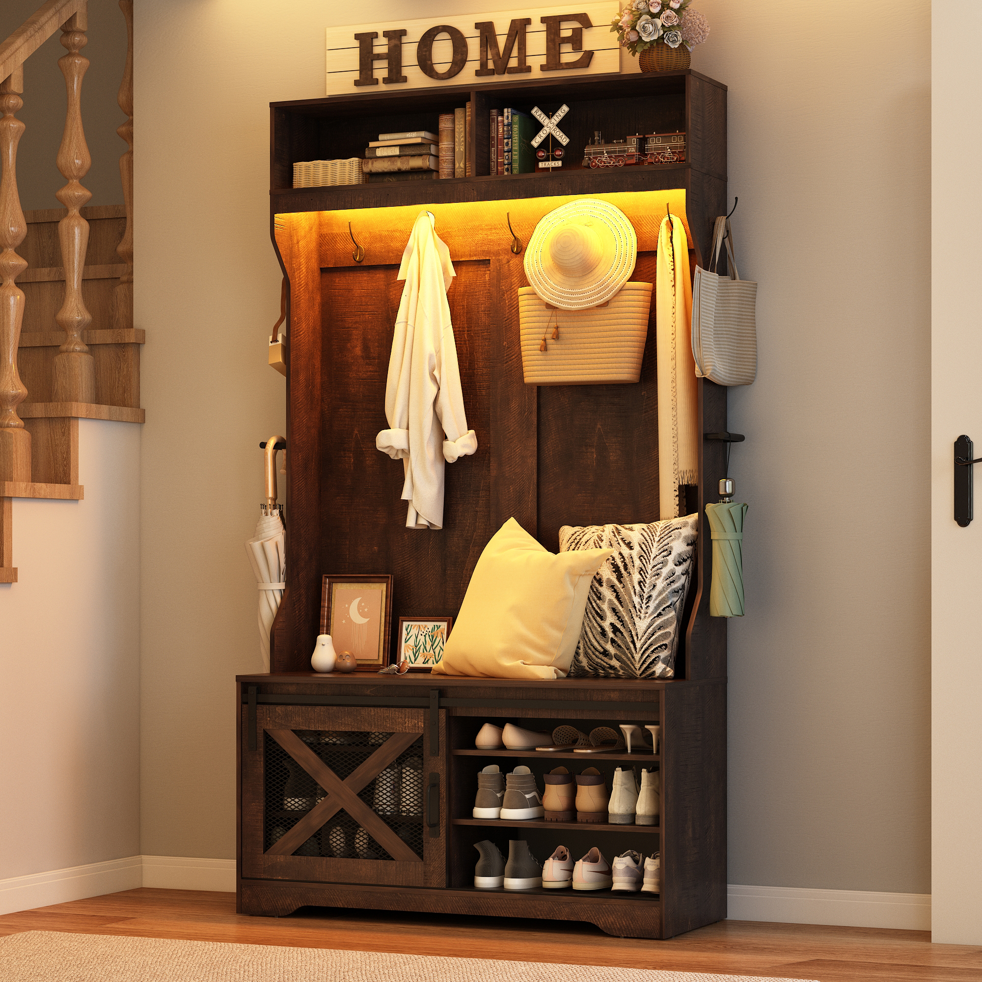 ChVans 75''H LED Farmhouse Hall Tree with Bench and Shoe Storage, Hall Tree with Storage Bench,12 Shoe Cabinet,Umbrella Holder&Sock Storage Drawer,Mudroom,Hallway,Entryway Furniture