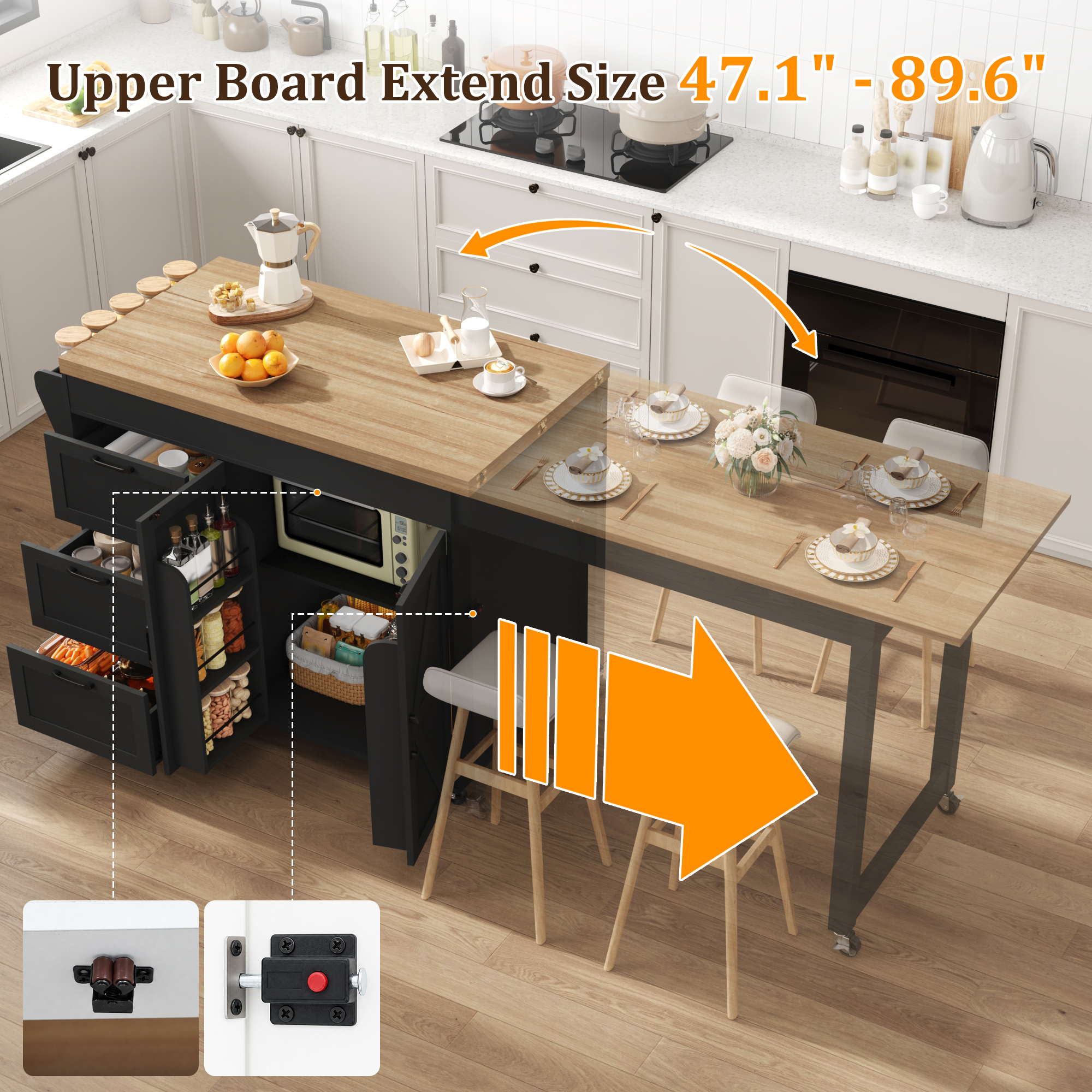 ChVans Extendable Rolling Kitchen Island Cart 47.1" to 89.6", Farmhouse Mobile Kitchen Island with Storage, 3 Drawers, Barn Doors & Side Spice Rack, Wheeled Kitchen Prep Table for Dining Room