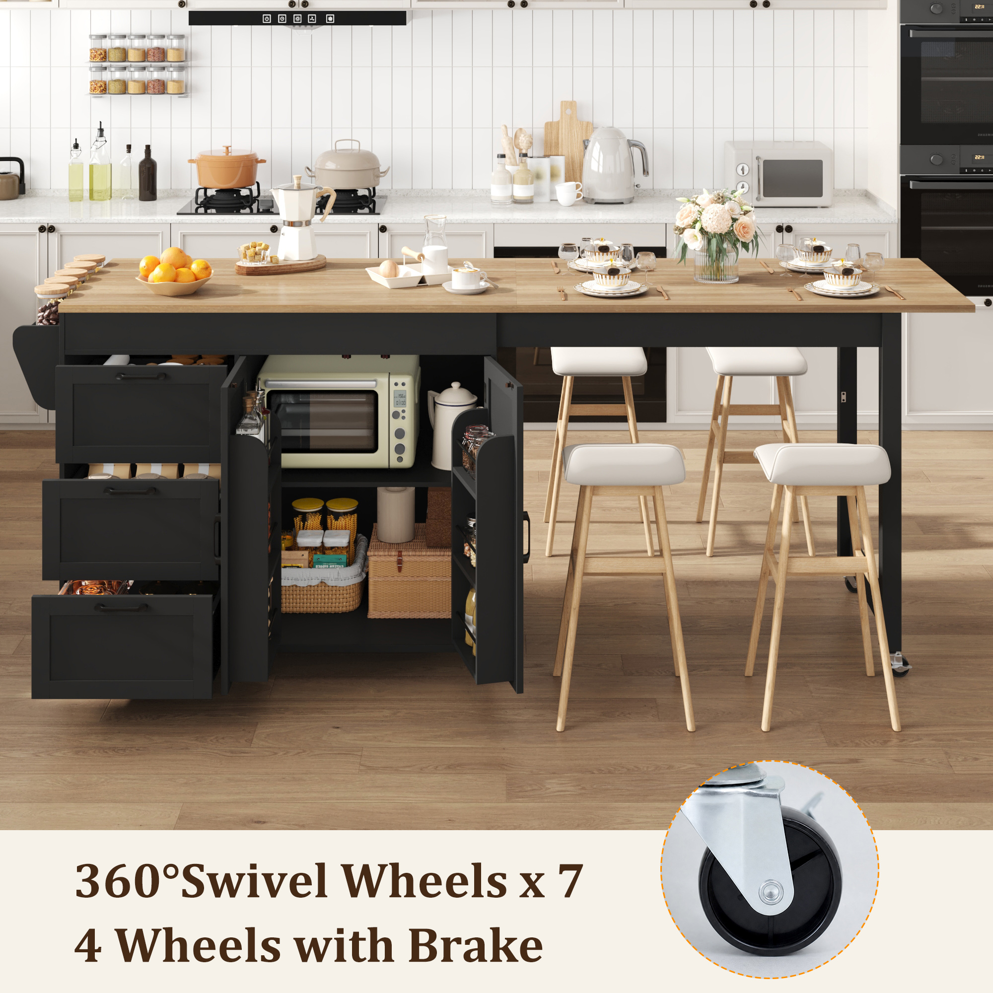 ChVans Extendable Rolling Kitchen Island Cart 47.1" to 89.6", Farmhouse Mobile Kitchen Island with Storage, 3 Drawers, Barn Doors & Side Spice Rack, Wheeled Kitchen Prep Table for Dining Room