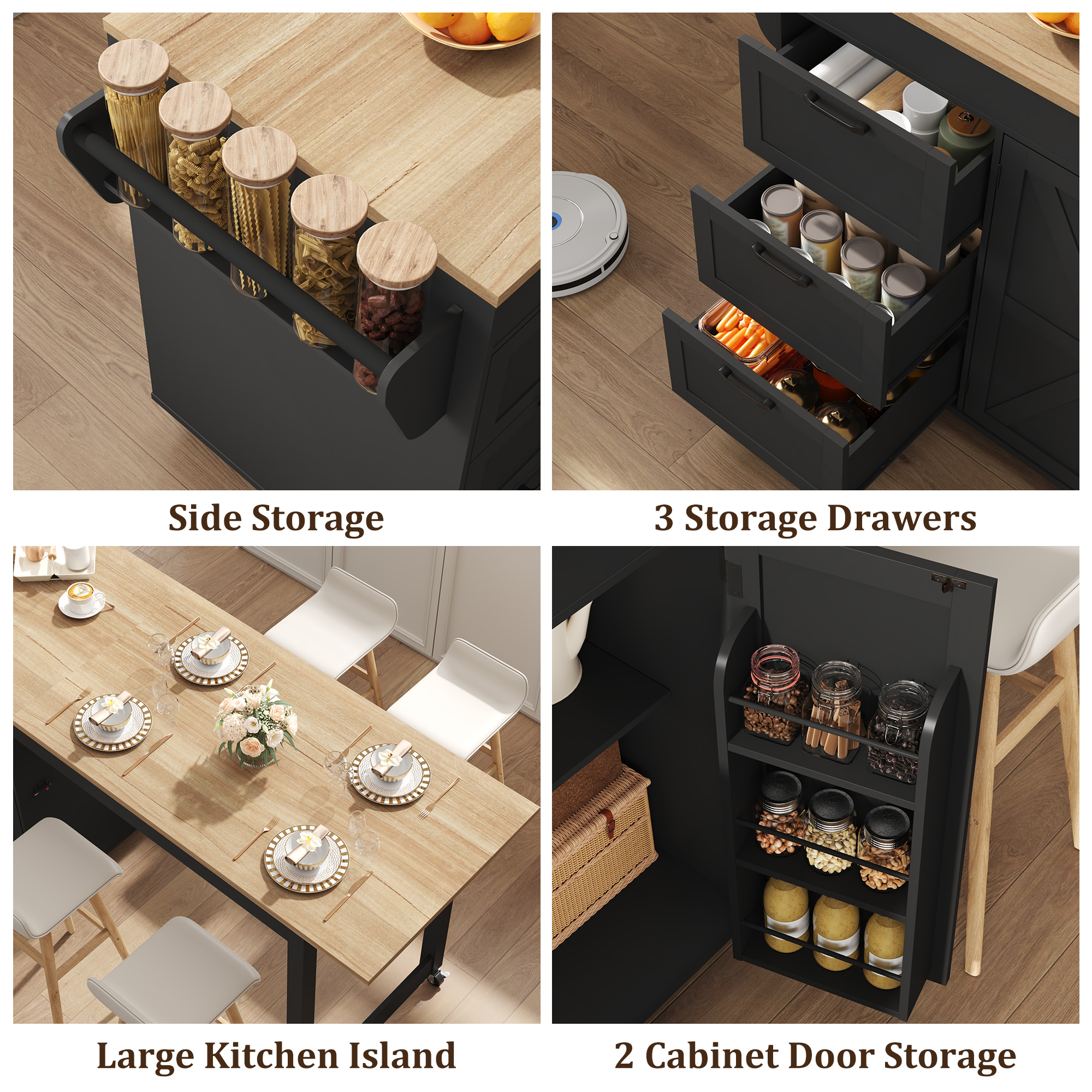 ChVans Extendable Rolling Kitchen Island Cart 47.1" to 89.6", Farmhouse Mobile Kitchen Island with Storage, 3 Drawers, Barn Doors & Side Spice Rack, Wheeled Kitchen Prep Table for Dining Room