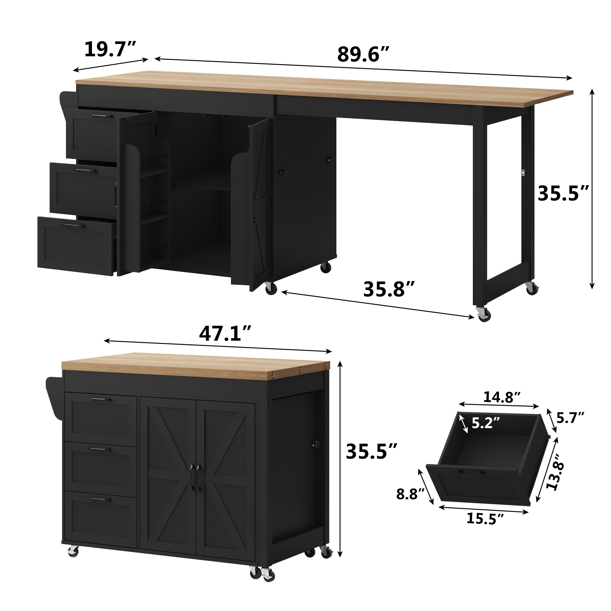 ChVans Extendable Rolling Kitchen Island Cart 47.1" to 89.6", Farmhouse Mobile Kitchen Island with Storage, 3 Drawers, Barn Doors & Side Spice Rack, Wheeled Kitchen Prep Table for Dining Room