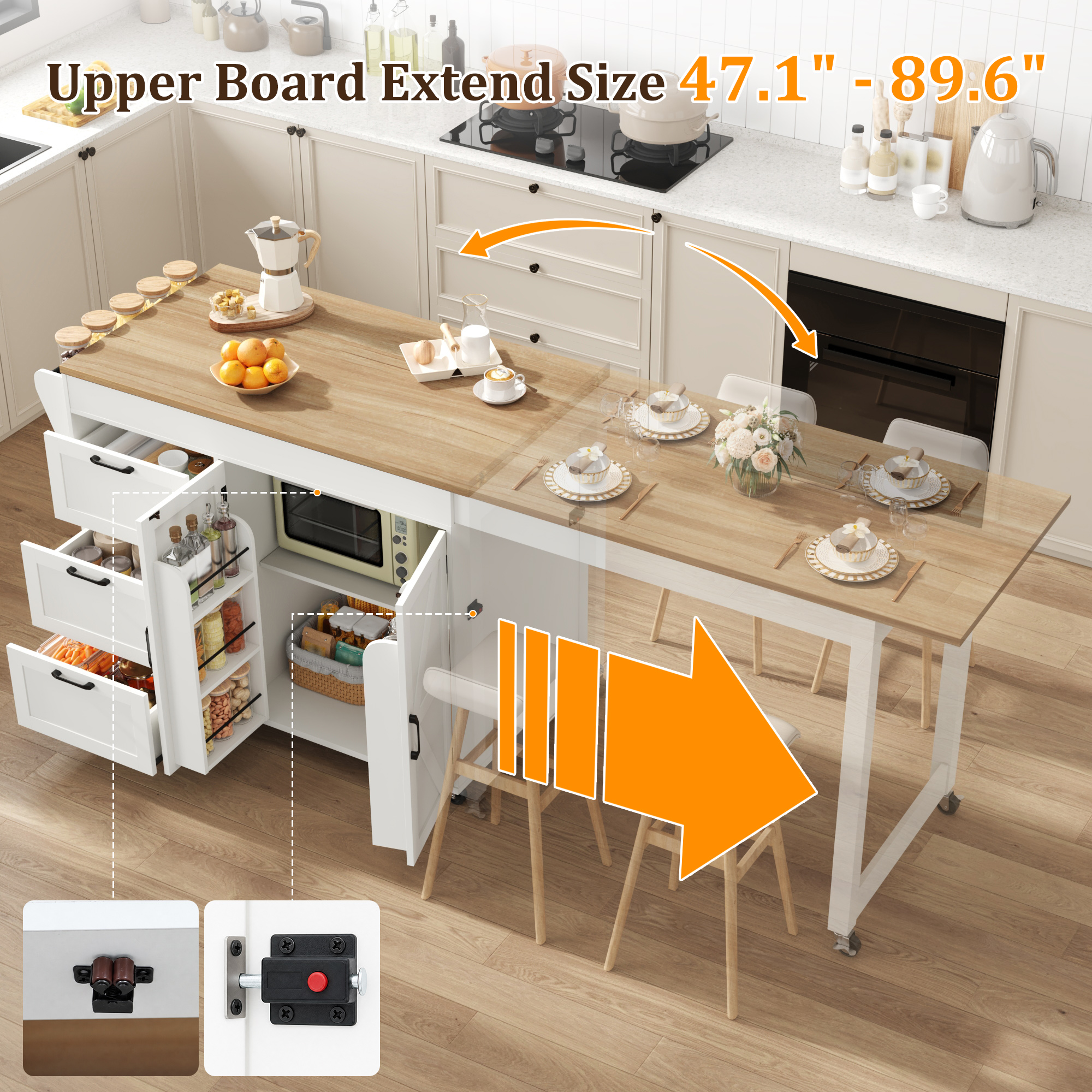 ChVans Extendable Rolling Kitchen Island Cart 47.1" to 89.6", Farmhouse Mobile Kitchen Island with Storage, 3 Drawers, Barn Doors & Side Spice Rack, Wheeled Kitchen Prep Table for Dining Room