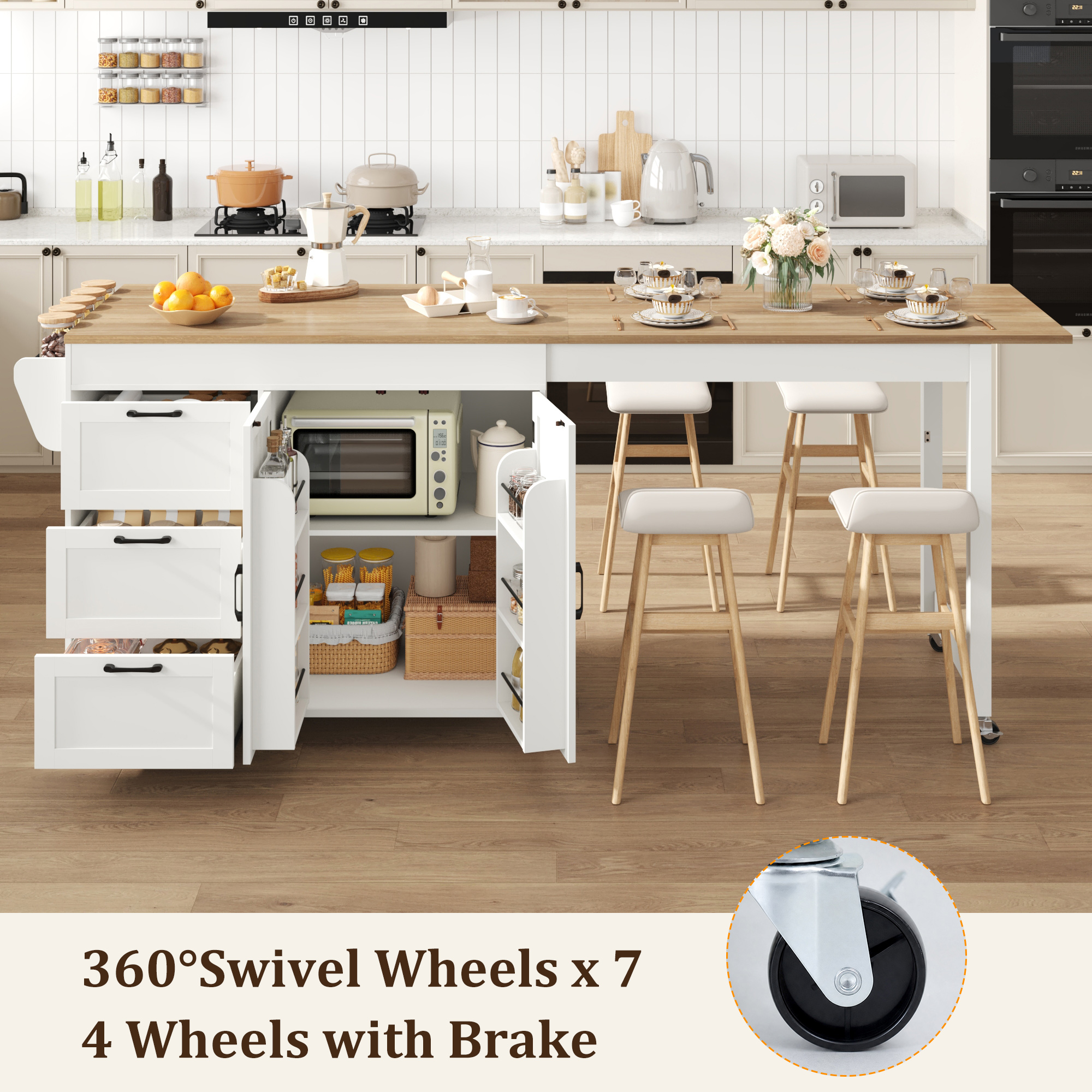 ChVans Extendable Rolling Kitchen Island Cart 47.1" to 89.6", Farmhouse Mobile Kitchen Island with Storage, 3 Drawers, Barn Doors & Side Spice Rack, Wheeled Kitchen Prep Table for Dining Room