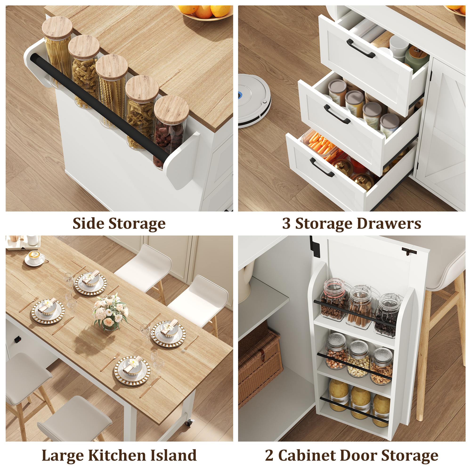 ChVans Extendable Rolling Kitchen Island Cart 47.1" to 89.6", Farmhouse Mobile Kitchen Island with Storage, 3 Drawers, Barn Doors & Side Spice Rack, Wheeled Kitchen Prep Table for Dining Room