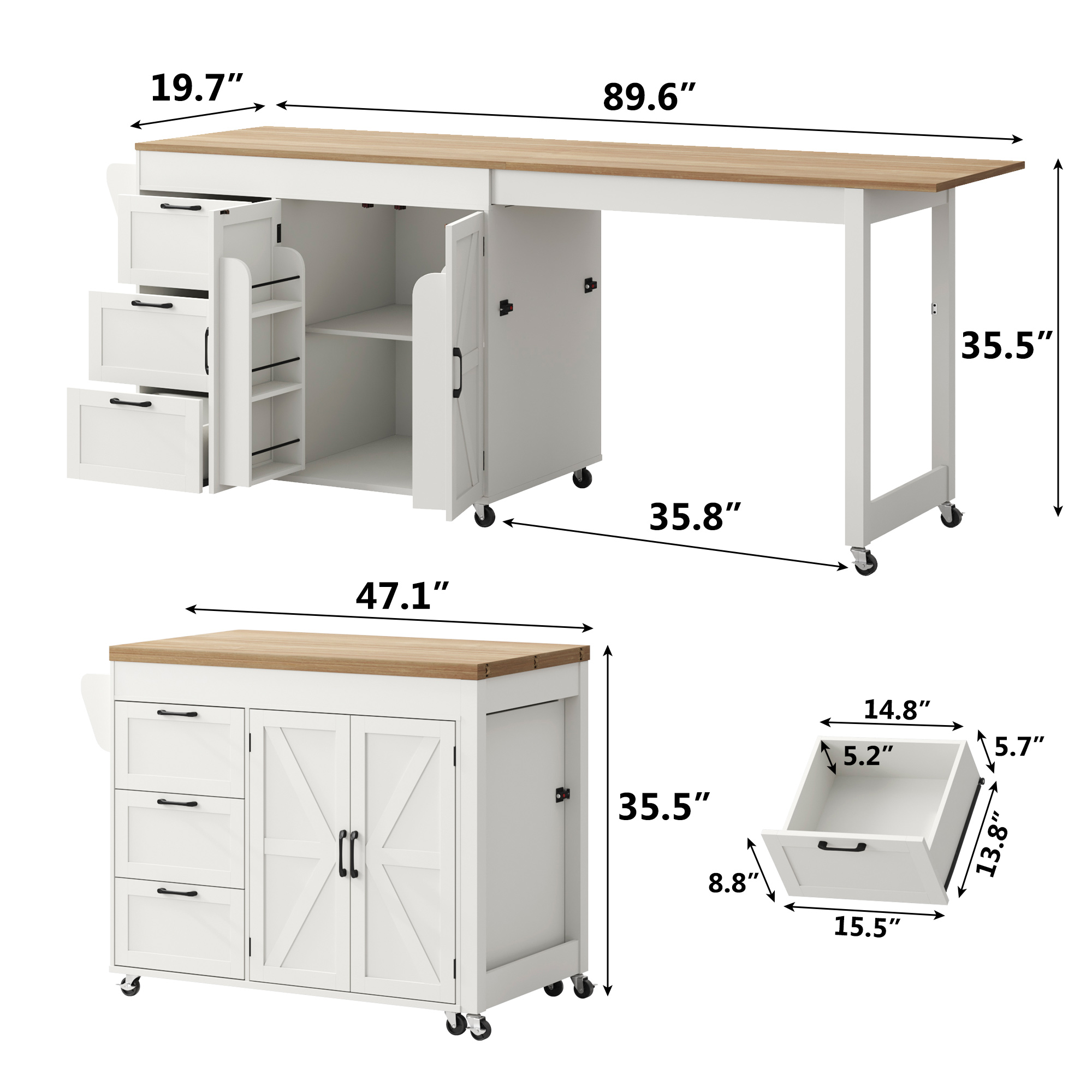 ChVans Extendable Rolling Kitchen Island Cart 47.1" to 89.6", Farmhouse Mobile Kitchen Island with Storage, 3 Drawers, Barn Doors & Side Spice Rack, Wheeled Kitchen Prep Table for Dining Room