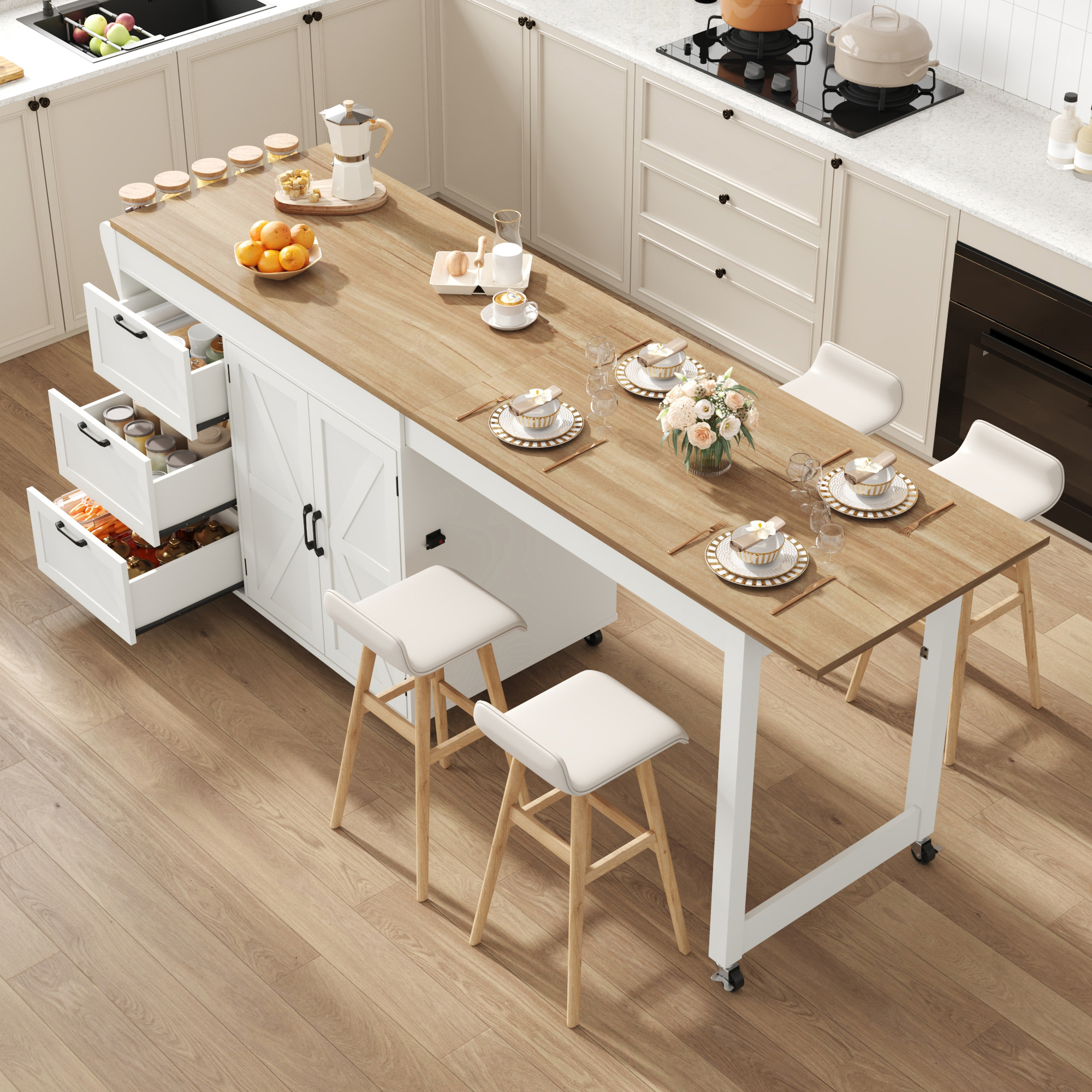 ChVans Extendable Rolling Kitchen Island Cart 47.1" to 89.6", Farmhouse Mobile Kitchen Island with Storage, 3 Drawers, Barn Doors & Side Spice Rack, Wheeled Kitchen Prep Table for Dining Room