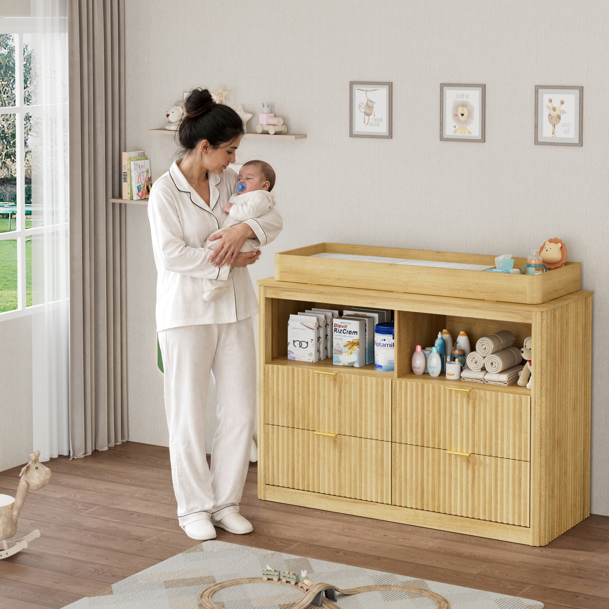 ChVans Fluted Changing Table Dresser, 2-in-1 Convertible Baby Changing Station with Capacity Changing Tray, Removable Topper, Nursery Dresser with 4 Drawers & Open Storage, Anti-Tipping Device