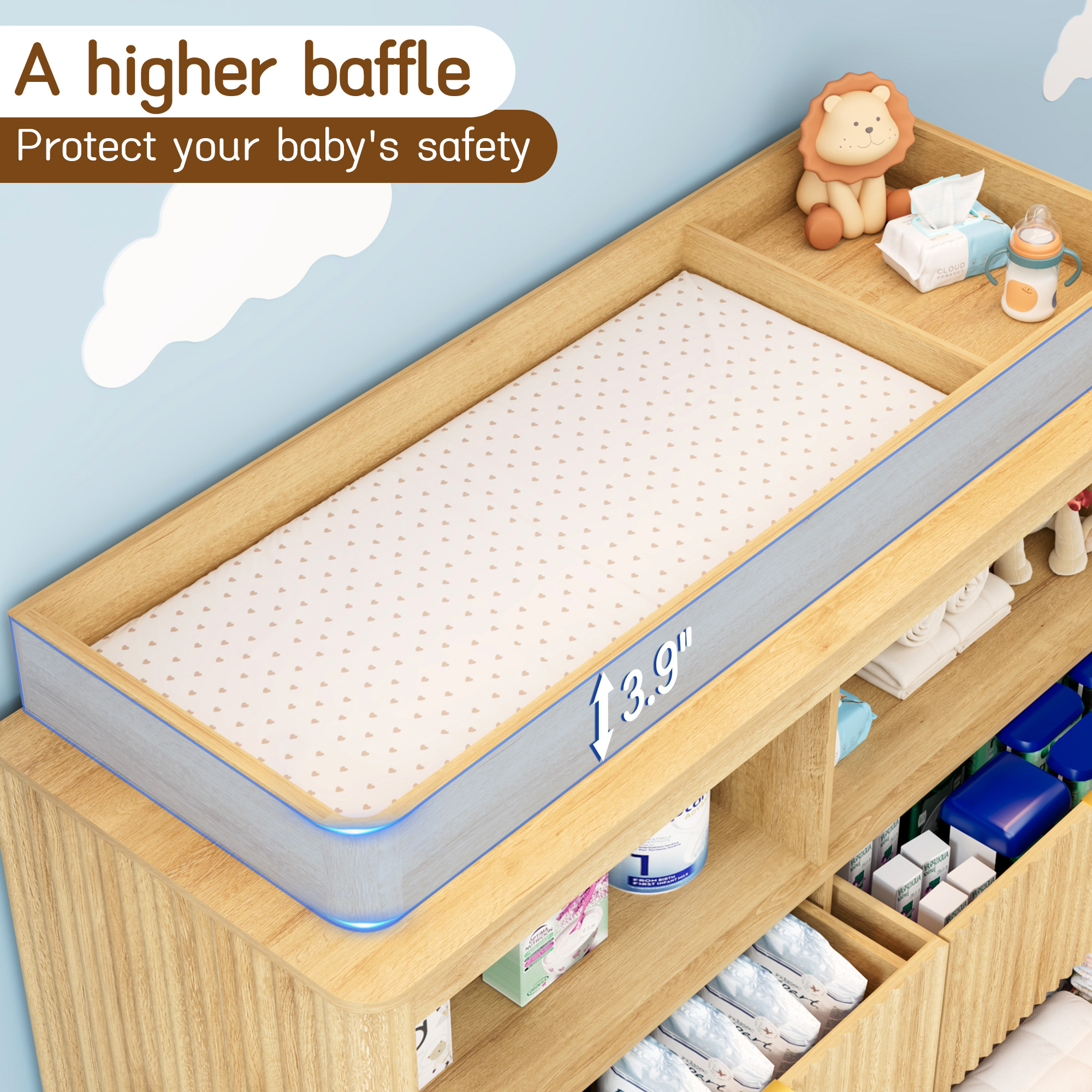 ChVans Fluted Changing Table Dresser, 2-in-1 Convertible Baby Changing Station with Capacity Changing Tray, Removable Topper, Nursery Dresser with 4 Drawers & Open Storage, Anti-Tipping Device